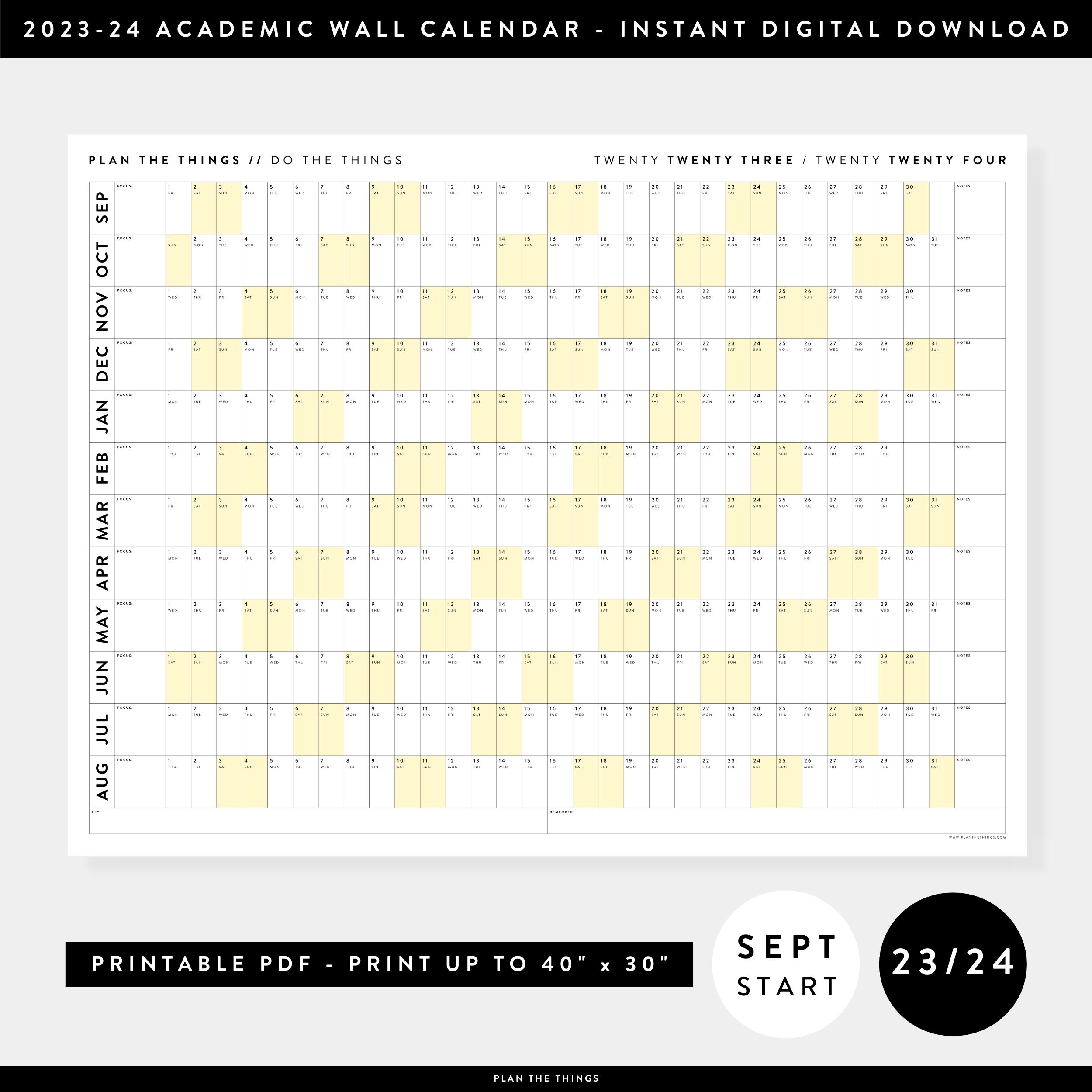 PRINTABLE 2023 / 2024 ACADEMIC WALL CALENDAR (SEPTEMBER START) | HORIZ ...