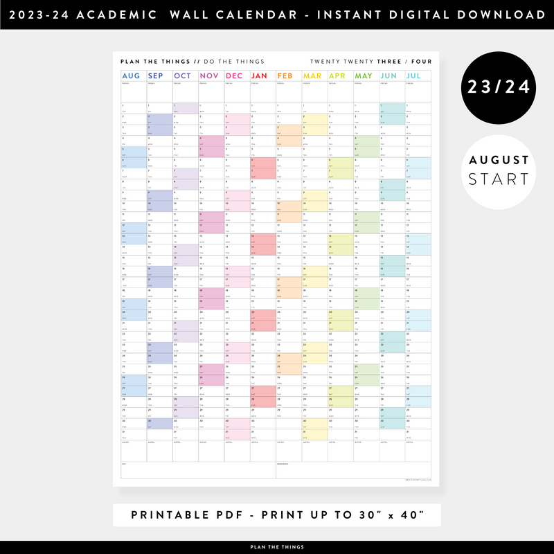 PRINTABLE 2023 / 2024 ACADEMIC WALL CALENDAR (AUGUST START) | VERTICAL ...