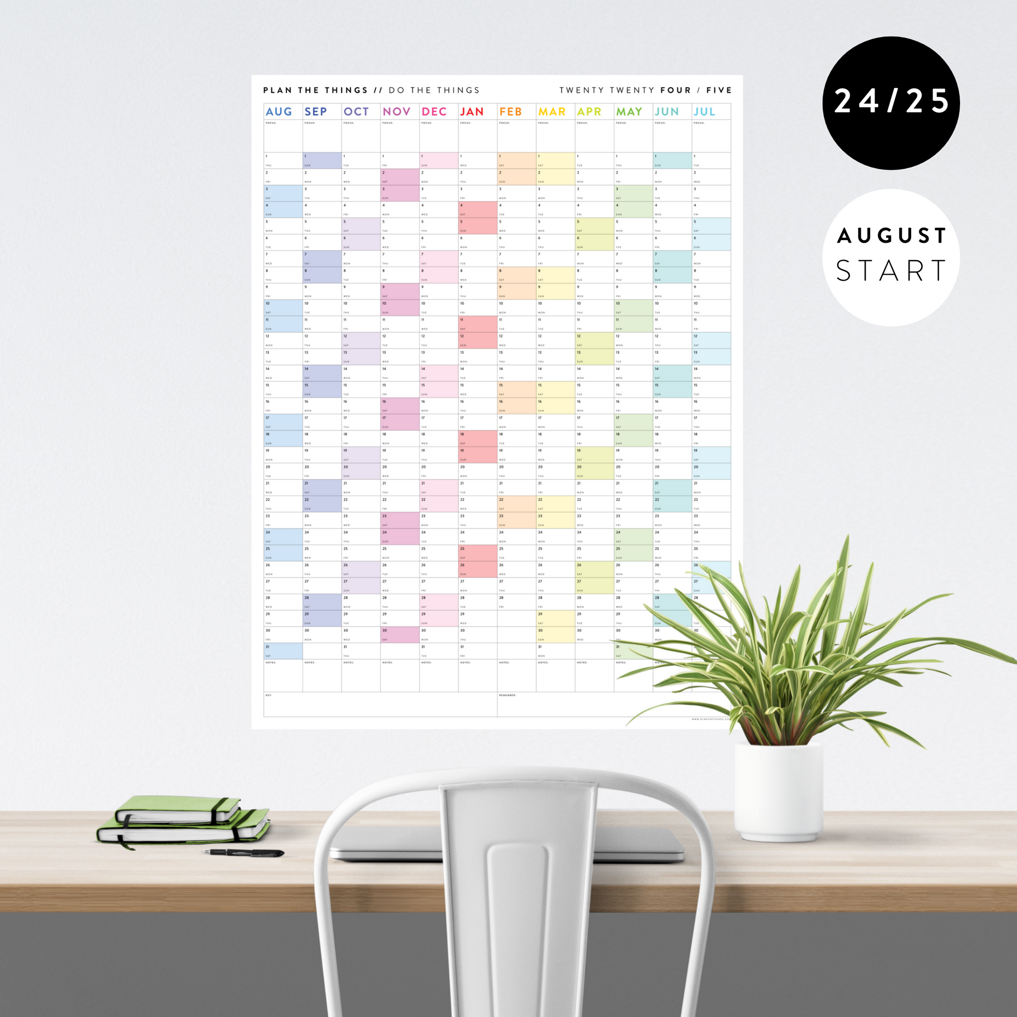 2024 - 2025 ACADEMIC WALL CALENDAR (AUGUST START) | SCHOOL CALENDAR | VERTICAL WITH RAINBOW WEEKENDS