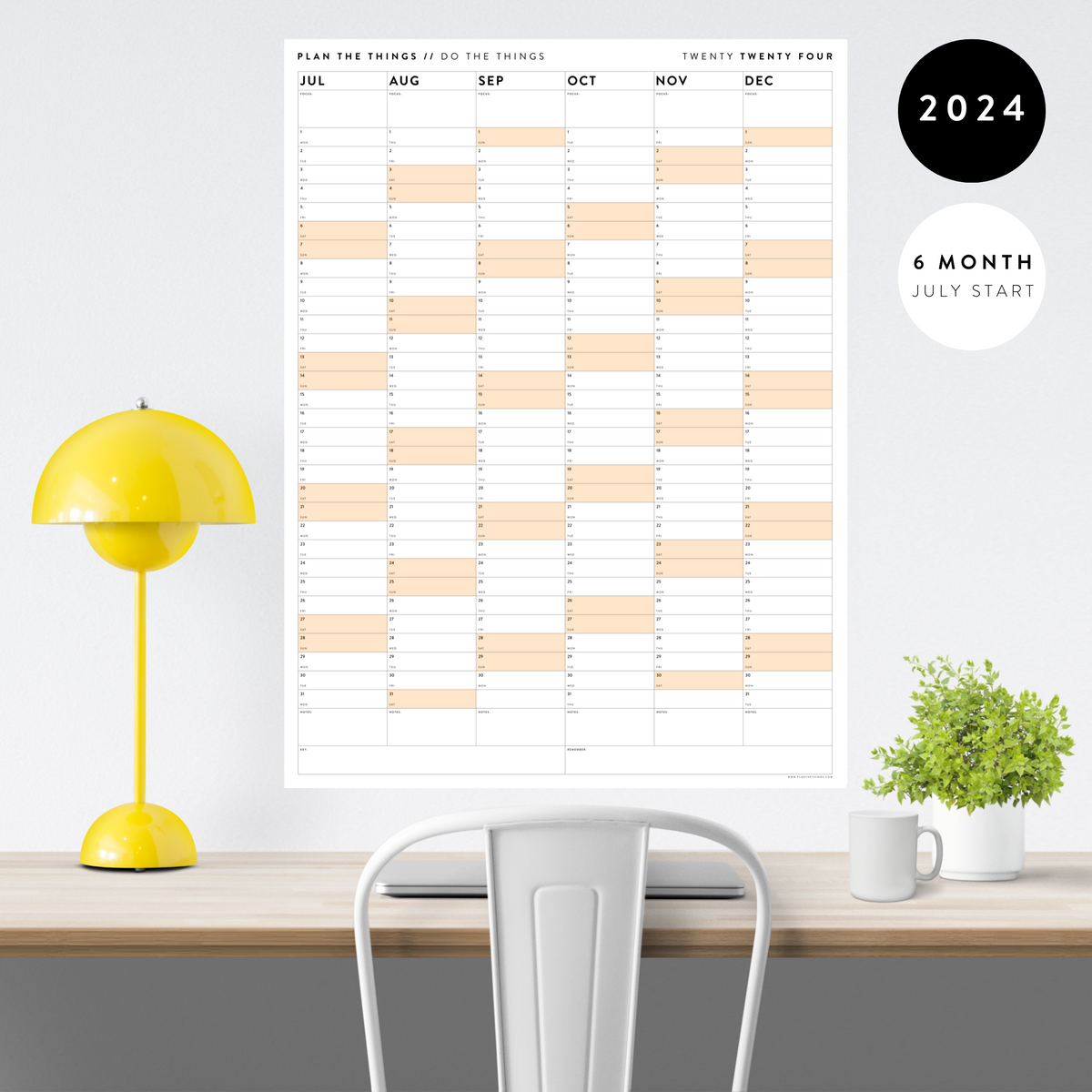 SIX MONTH 2024 GIANT WALL CALENDAR (JULY TO DECEMBER) WITH ORANGE WEEK ...