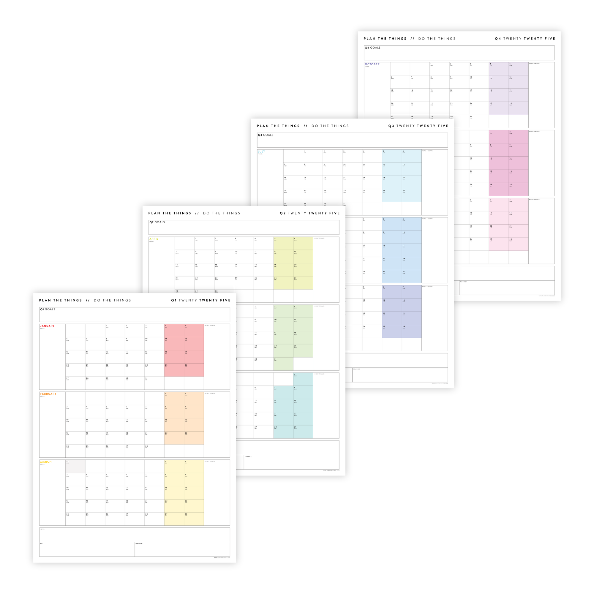 PRINTABLE 2025 QUARTERLY (Q1 + Q2 + Q3 + Q4) WALL CALENDAR BUNDLE (RAINBOW) - INSTANT DOWNLOAD