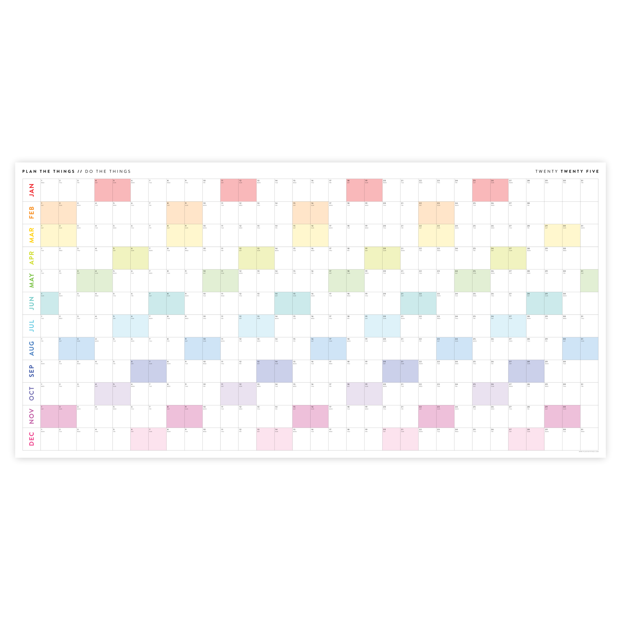 PRINTABLE 6' x 3' MASSIVE 2025 SIMPLIFIED  WALL CALENDAR WITH RAINBOW WEEKENDS - INSTANT DOWNLOAD