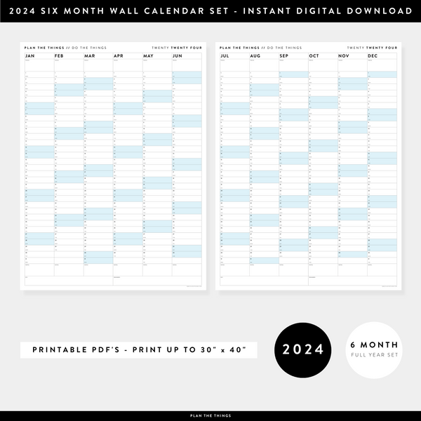 PRINTABLE 2024 SIX MONTH CALENDAR SETS - FULL YEAR // INSTANT DOWNLOAD ...