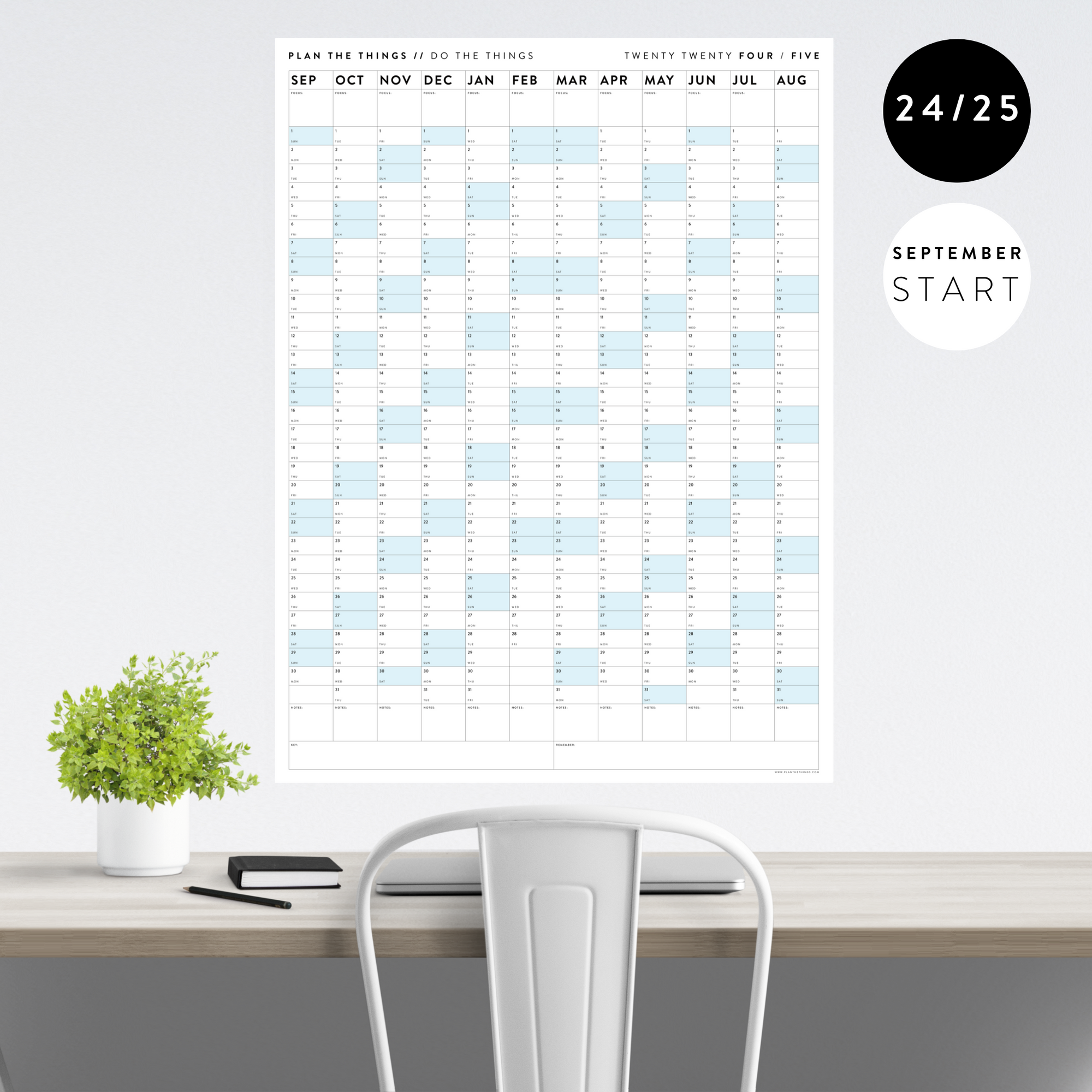 2024 - 2025 ACADEMIC WALL CALENDAR (SEPTEMBER START) | VERTICAL WITH BLUE WEEKENDS