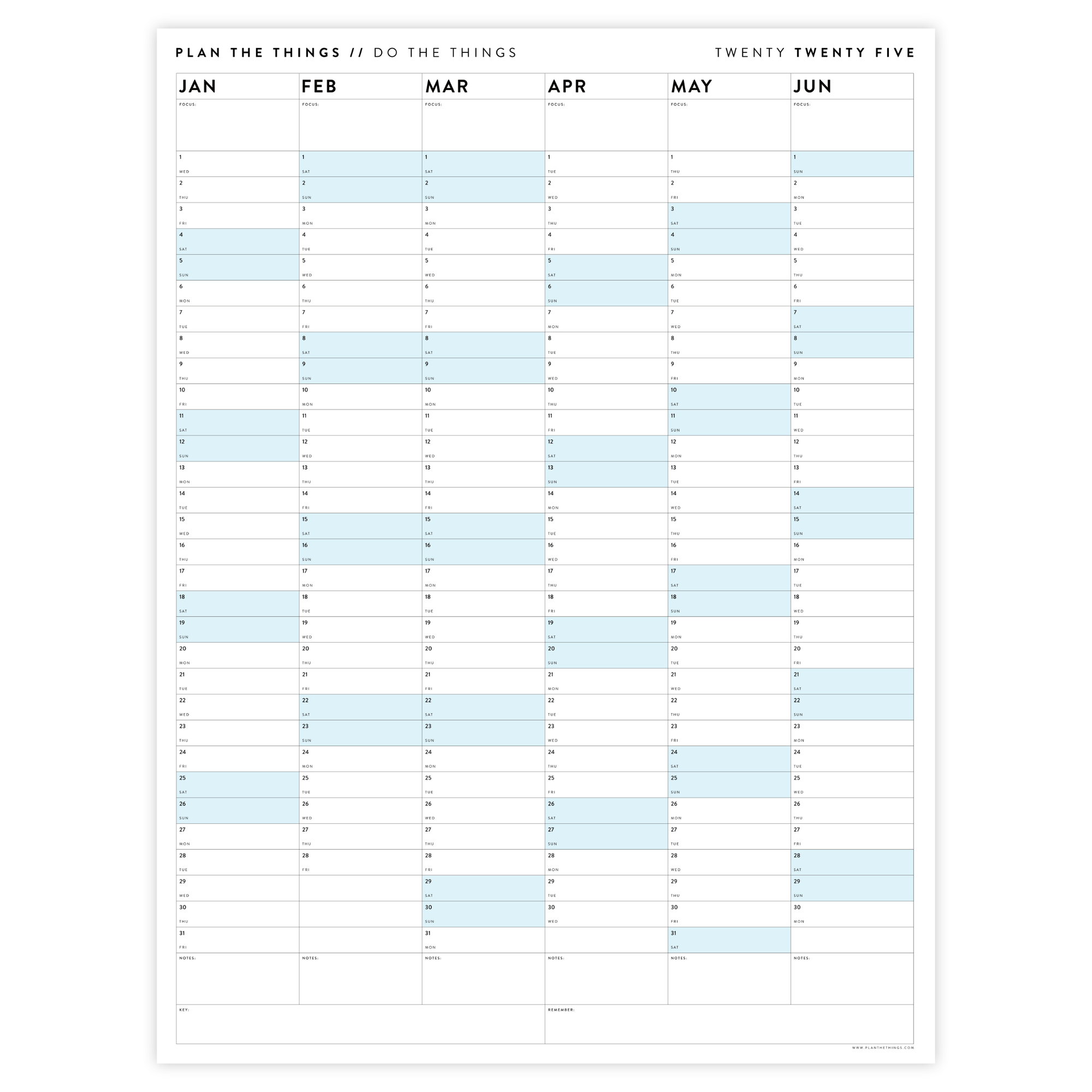 SIX MONTH 2025 GIANT WALL CALENDAR (JANUARY TO JUNE)  WITH BLUE WEEKENDS