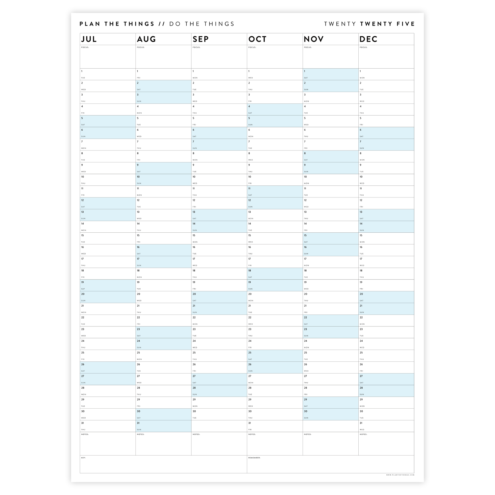SIX MONTH 2025 GIANT WALL CALENDAR (JULY TO DECEMBER) WITH BLUE WEEKENDS