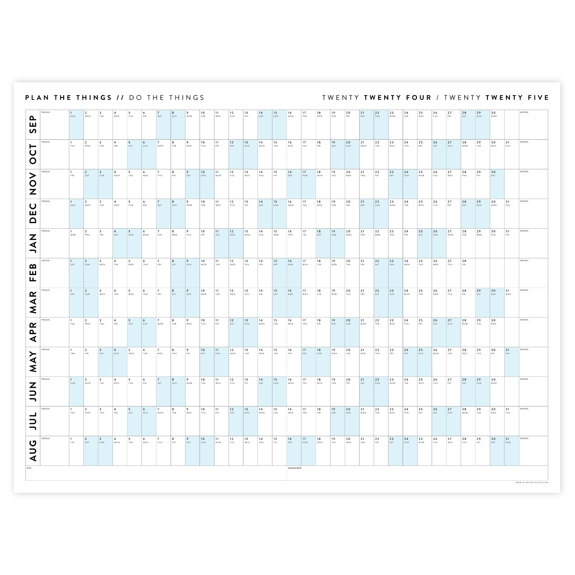 2024 - 2025 ACADEMIC WALL CALENDAR (SEPTEMBER START) | HORIZONTAL WITH BLUE WEEKENDS