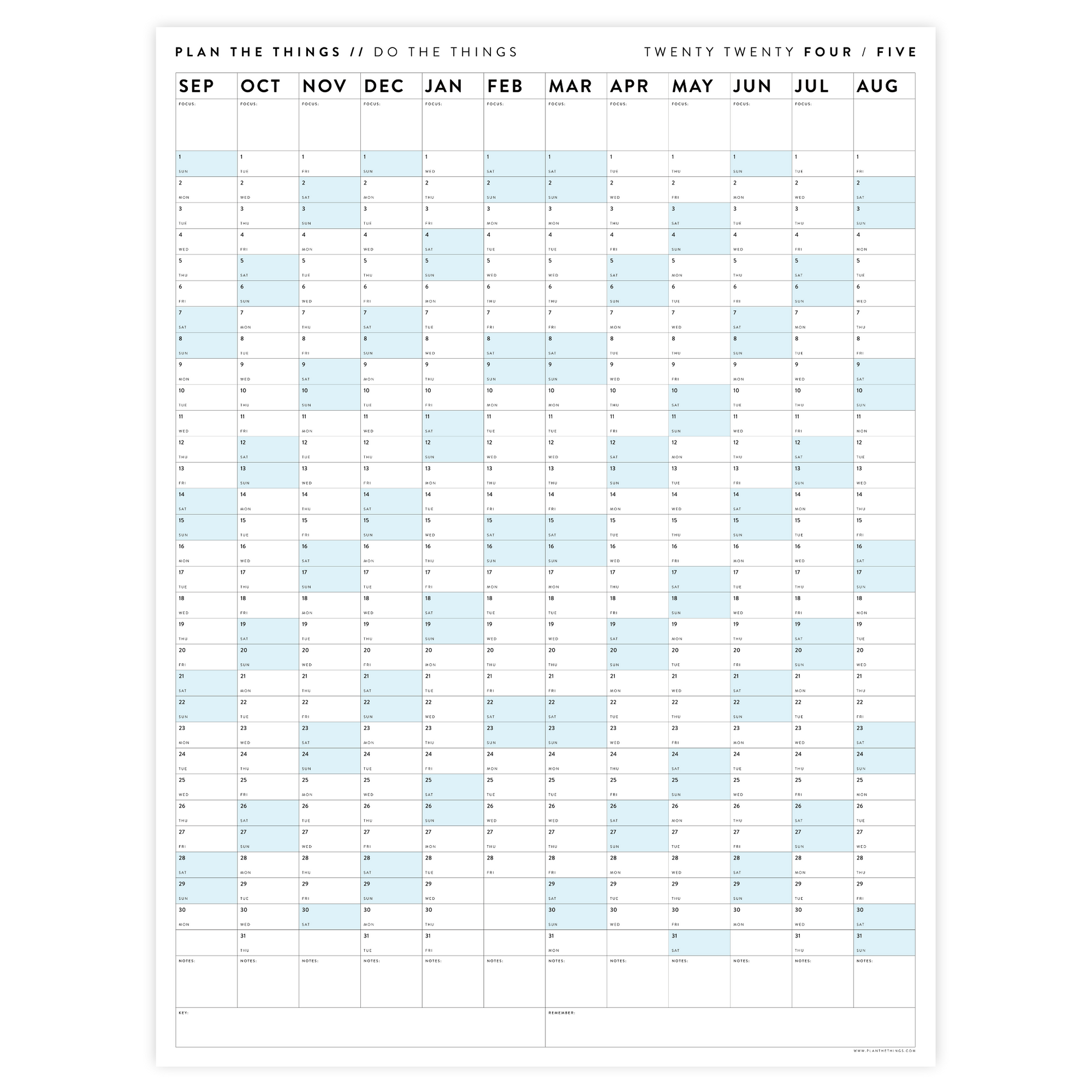 2024 - 2025 ACADEMIC WALL CALENDAR (SEPTEMBER START) | VERTICAL WITH BLUE WEEKENDS