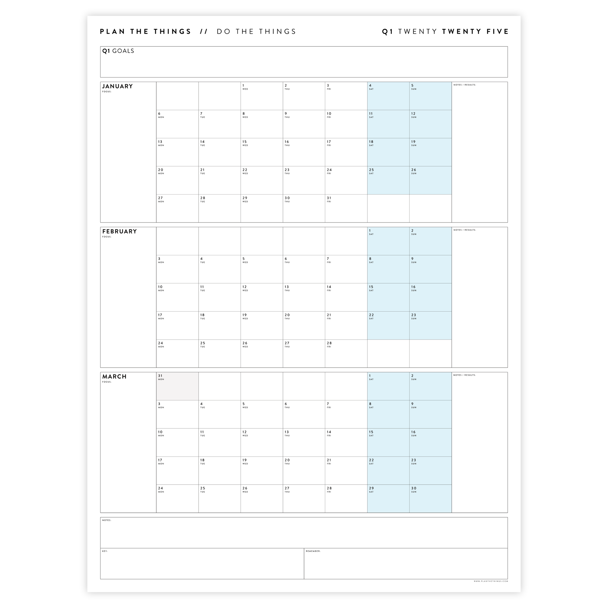 Q1 2025 QUARTERLY GIANT WALL CALENDAR (JANUARY - MARCH 2025) - BLUE WEEKENDS