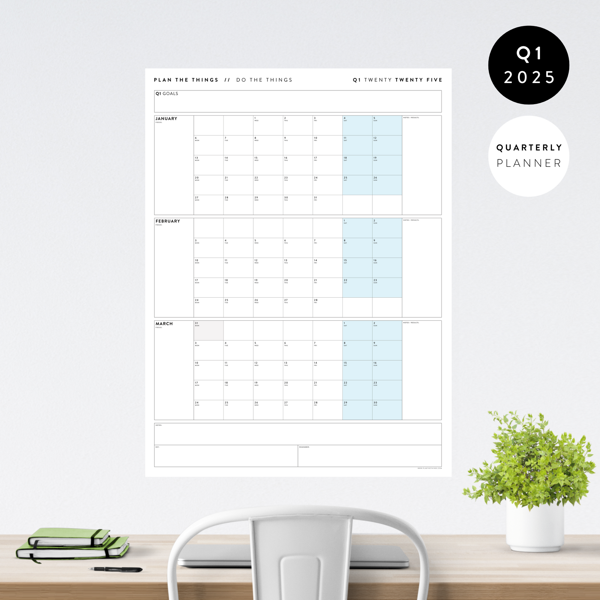 Q1 2025 QUARTERLY GIANT WALL CALENDAR (JANUARY - MARCH 2025) - BLUE WEEKENDS