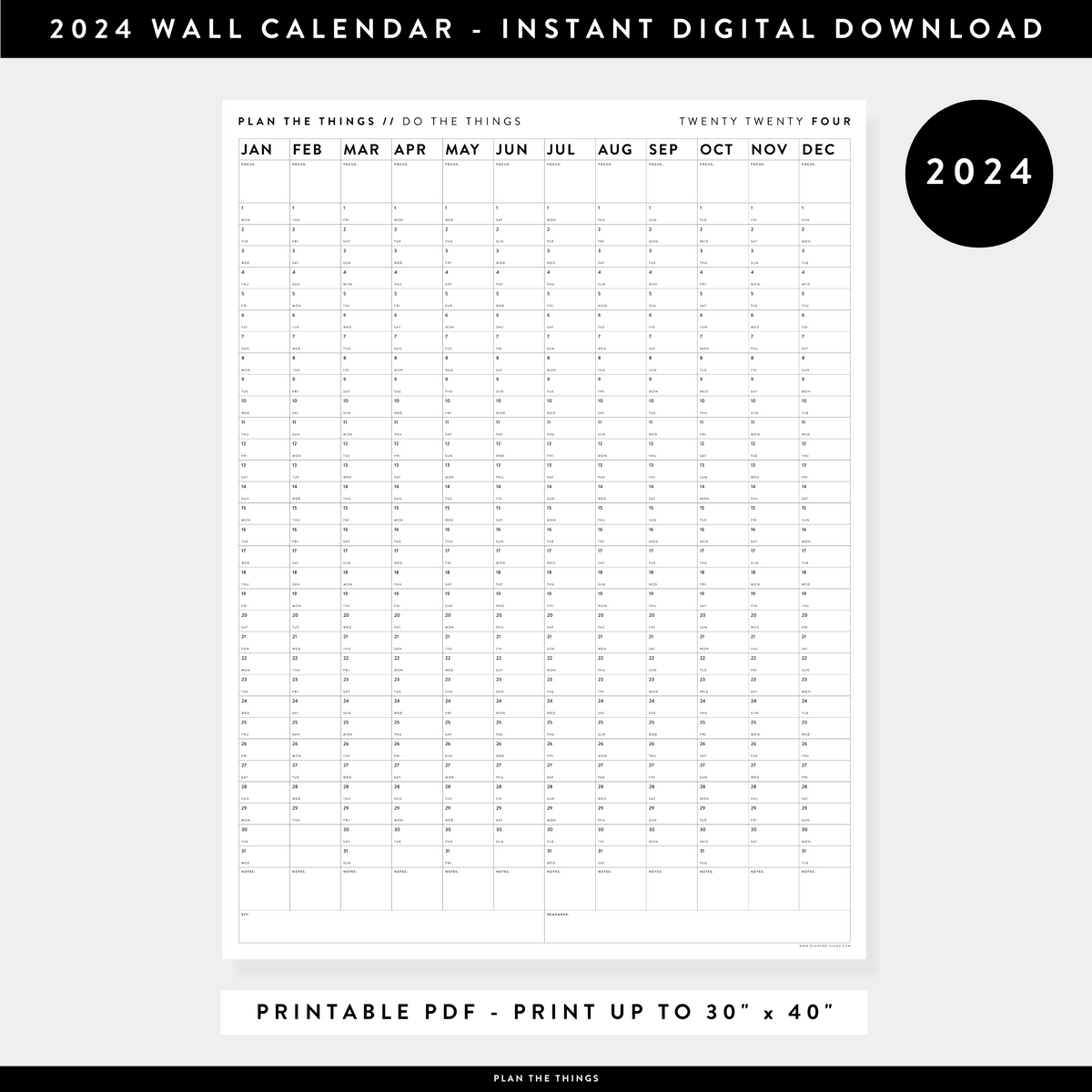 PRINTABLE MINIMALIST VERTICAL 2024 WALL CALENDAR INSTANT DOWNLOAD