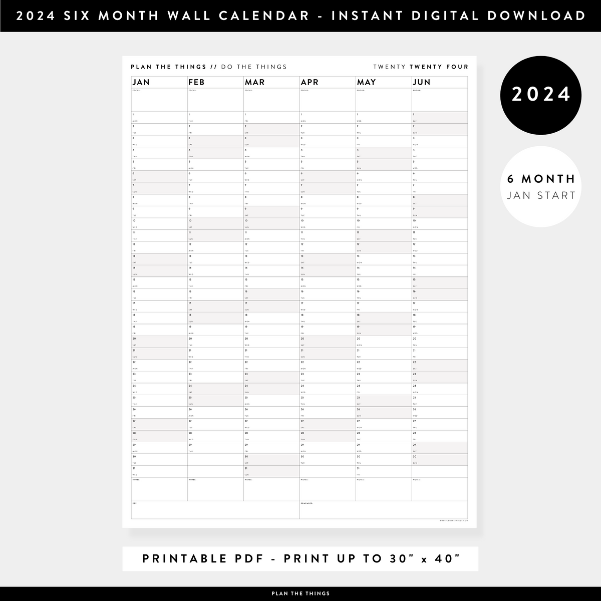 PRINTABLE SIX MONTH 2024 WALL CALENDAR (JANUARY TO JUNE) WITH GRAY WEE