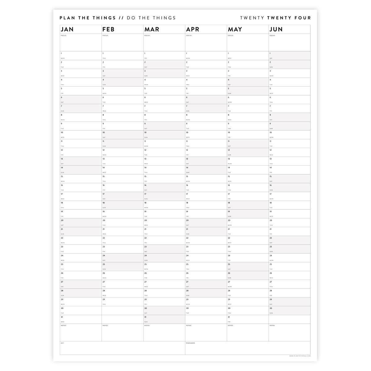 PRINTABLE SIX MONTH 2024 WALL CALENDAR SET WITH GRAY WEEKENDS INSTAN