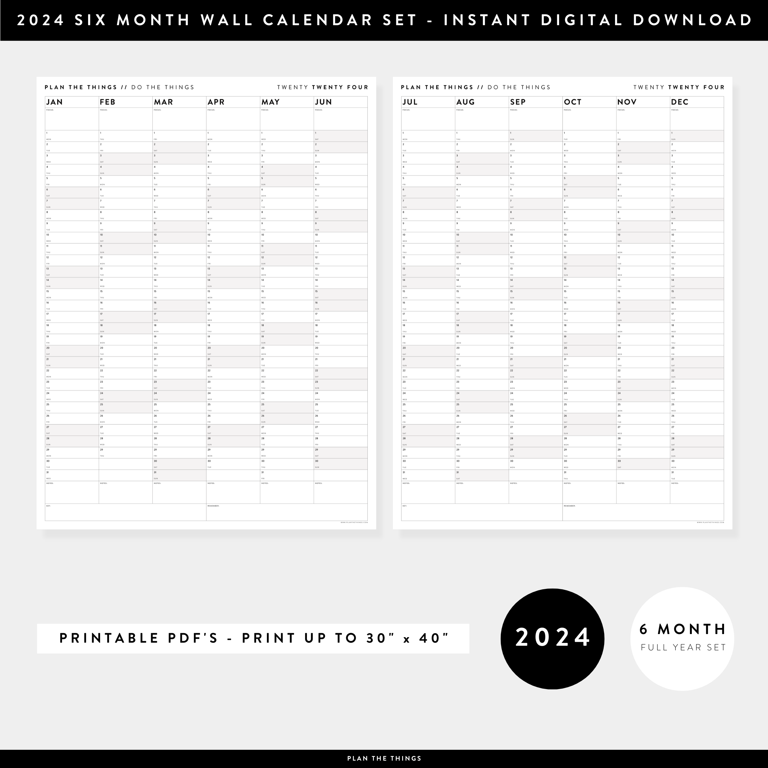 PRINTABLE SIX MONTH 2024 WALL CALENDAR SET WITH GRAY WEEKENDS - INSTAN ...