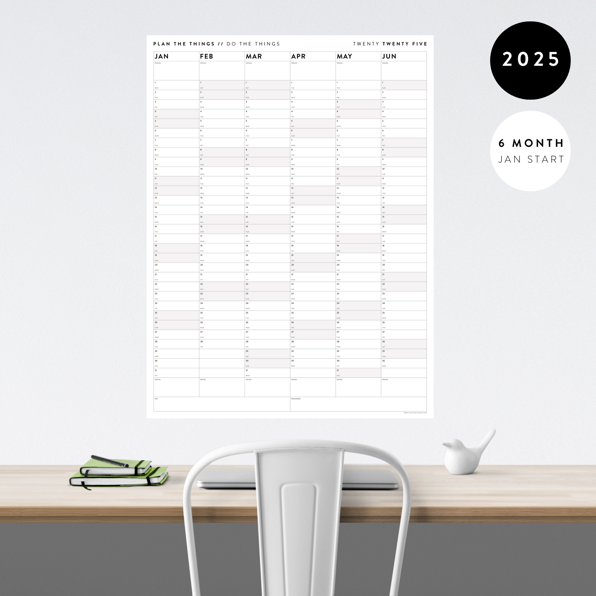 SIX MONTH 2025 GIANT WALL CALENDAR (JANUARY TO JUNE)  WITH GRAY WEEKENDS