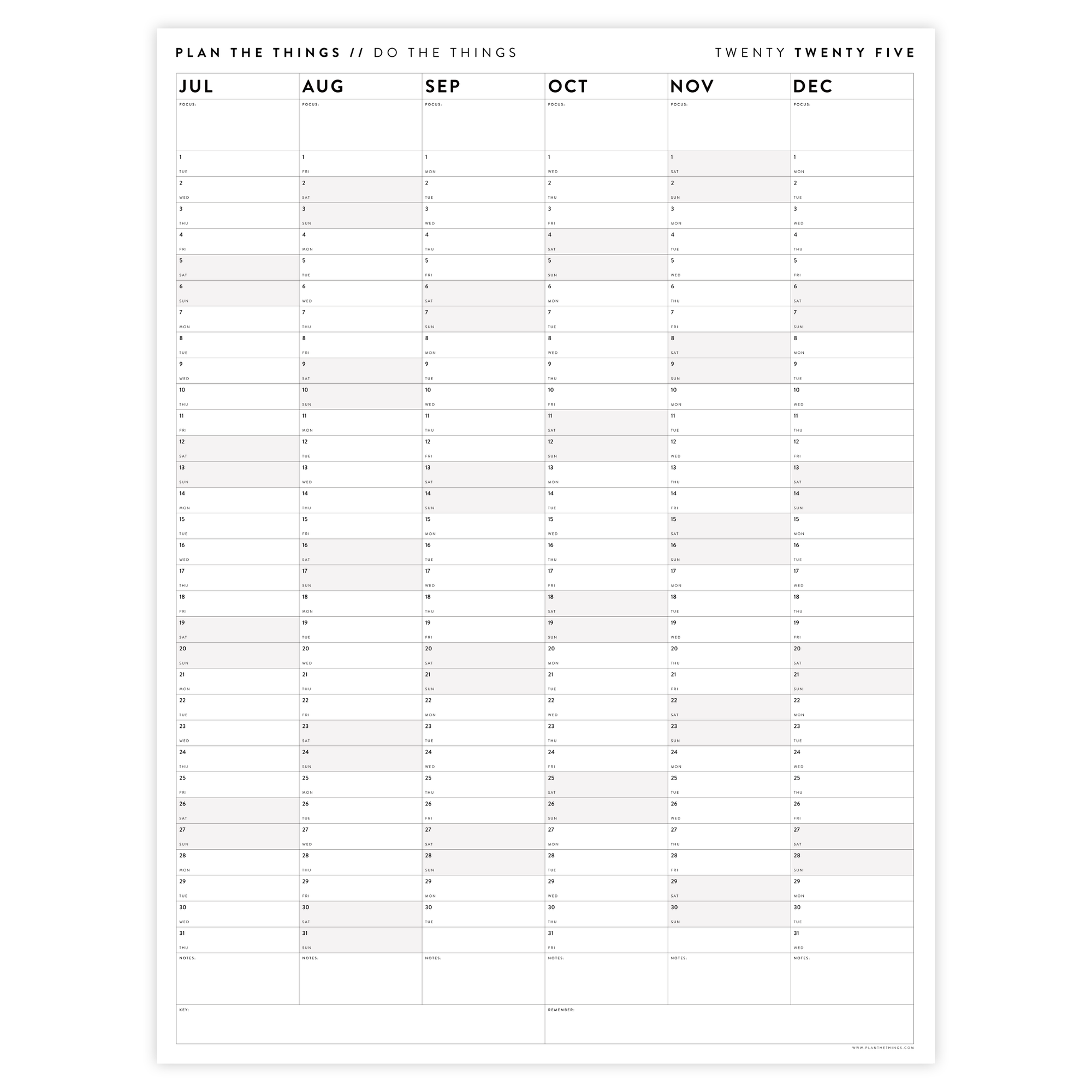 SIX MONTH 2025 GIANT WALL CALENDAR (JULY TO DECEMBER) WITH GRAY WEEKENDS