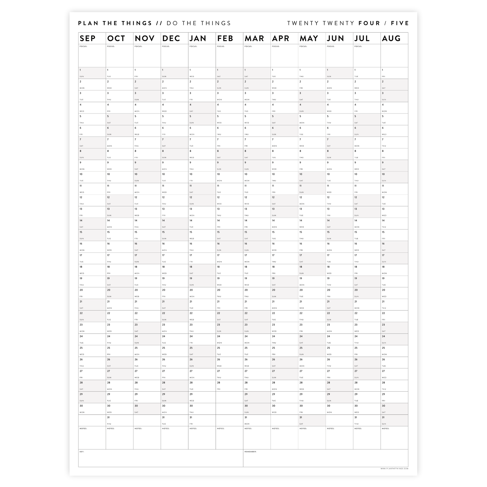 2024 - 2025 ACADEMIC WALL CALENDAR (SEPTEMBER START) | VERTICAL WITH GRAY WEEKENDS