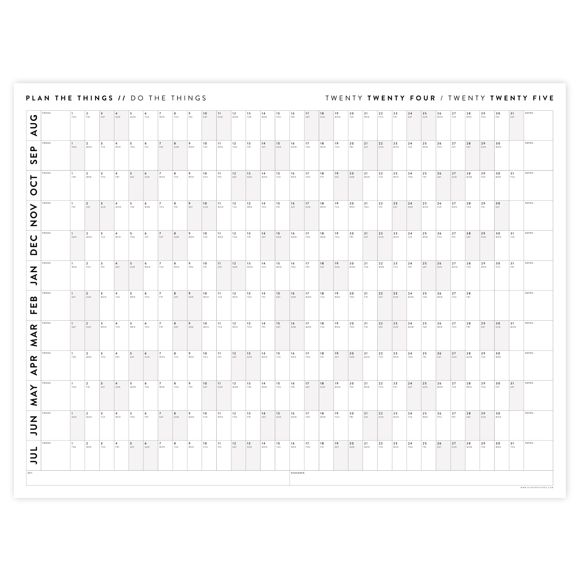 2024 -  2025 ACADEMIC WALL CALENDAR (AUGUST START) | SCHOOL CALENDAR | HORIZONTAL WITH GRAY WEEKENDS