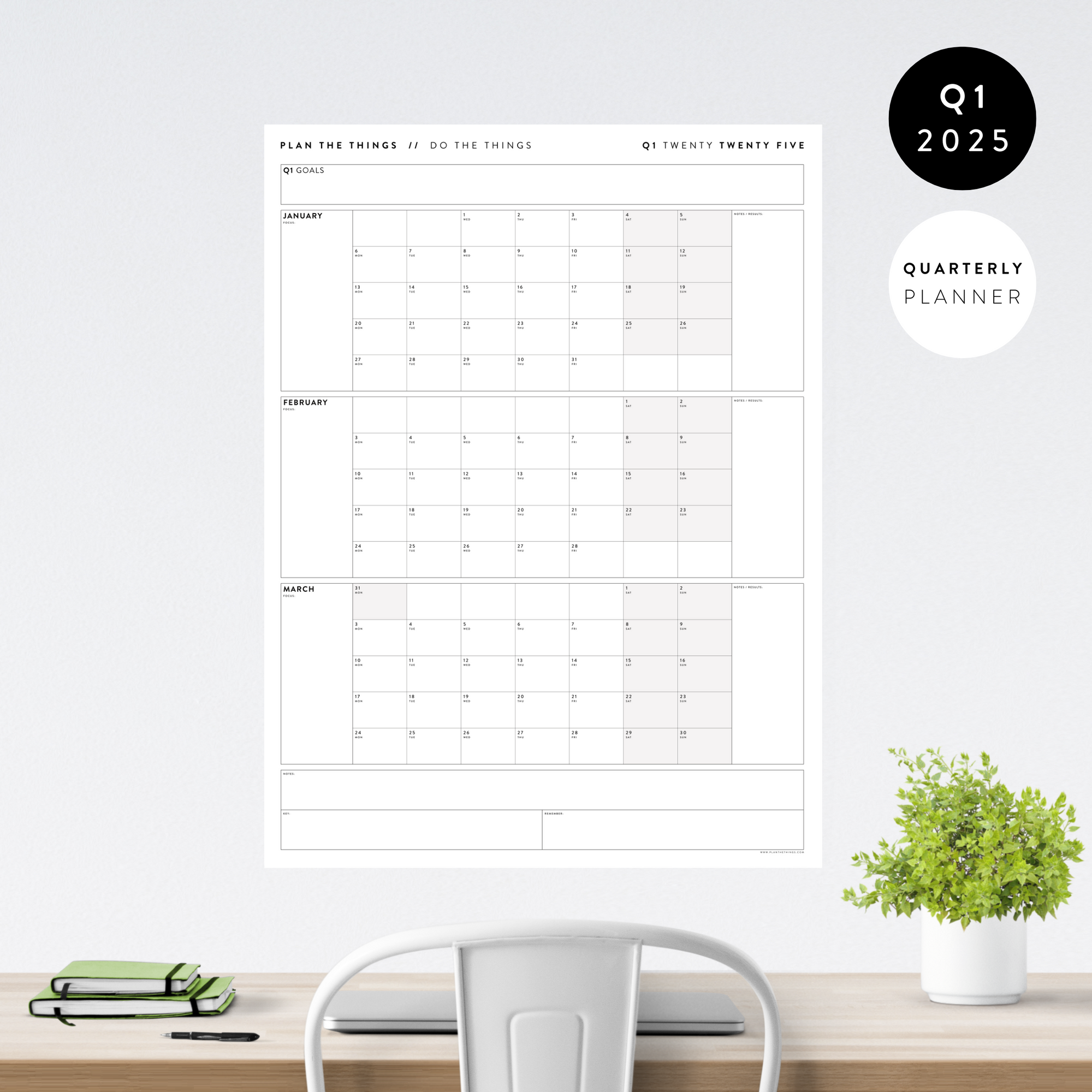 Q1 2025 QUARTERLY GIANT WALL CALENDAR (JANUARY - MARCH 2025) - GRAY WEEKENDS