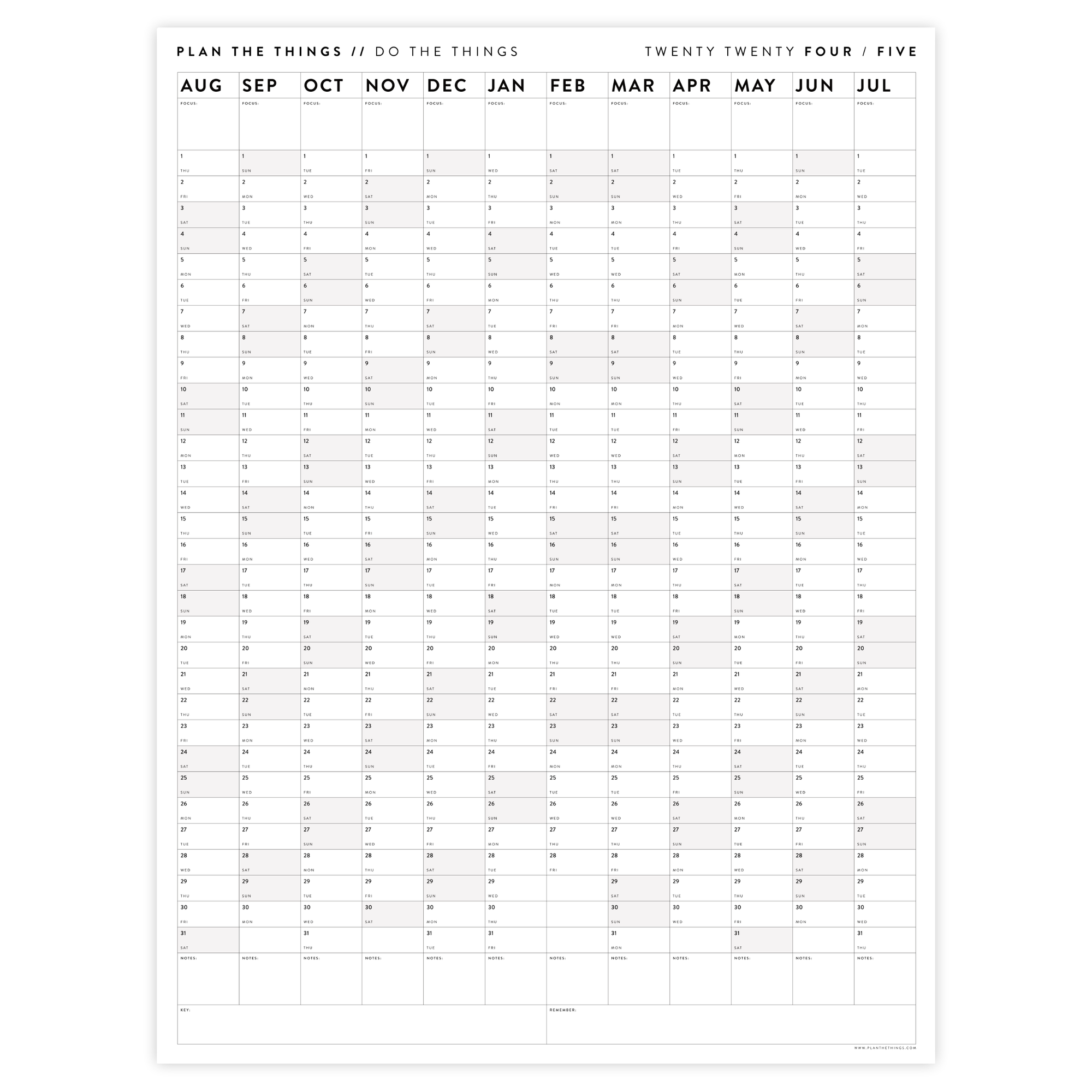 2024 - 2025 ACADEMIC WALL CALENDAR (AUGUST START) | SCHOOL CALENDAR | VERTICAL WITH GRAY WEEKENDS