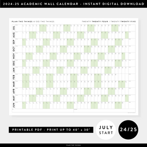 PRINTABLE 2024 - 2025 ACADEMIC WALL CALENDAR (JULY START) | HORIZONTAL WITH GREEN WEEKENDS - INSTANT DOWNLOAD