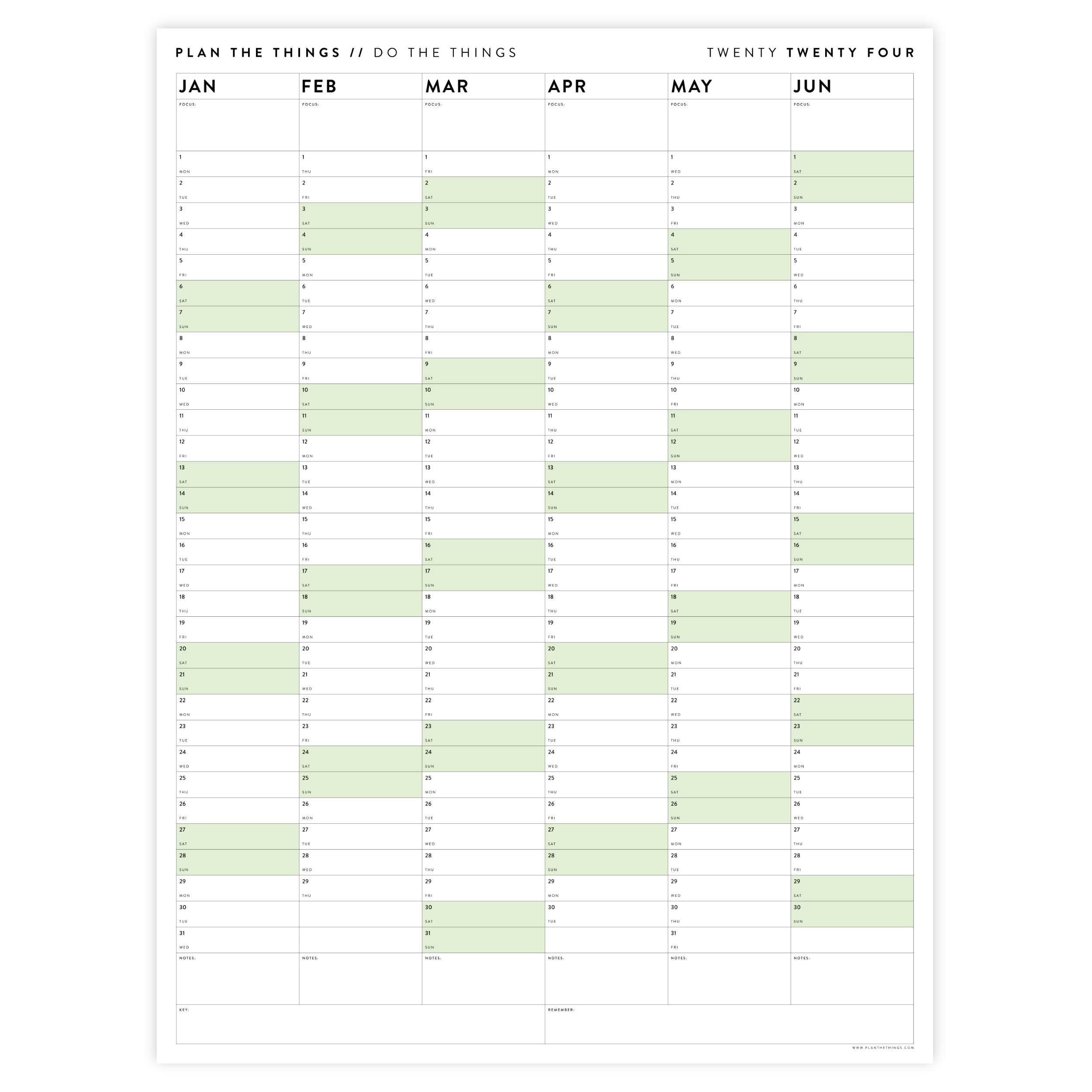 PRINTABLE SIX MONTH 2024 WALL CALENDAR SET WITH GREEN WEEKENDS INSTA