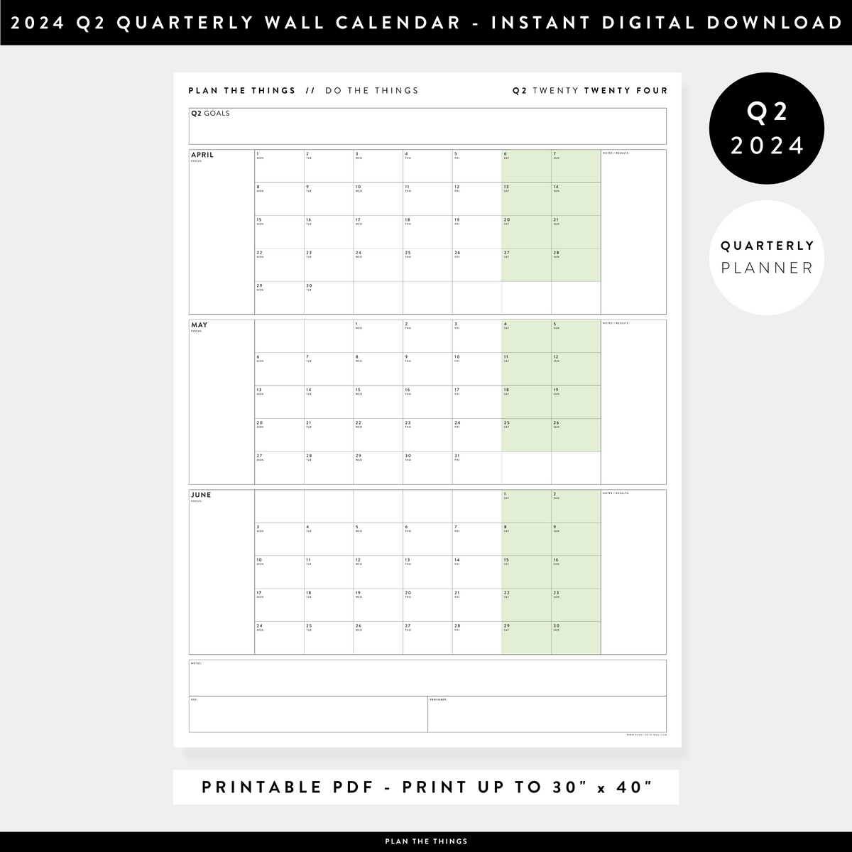 PRINTABLE Q2 (APRIL - JUNE) 2024 QUARTERLY WALL CALENDAR (GREEN) - INS ...