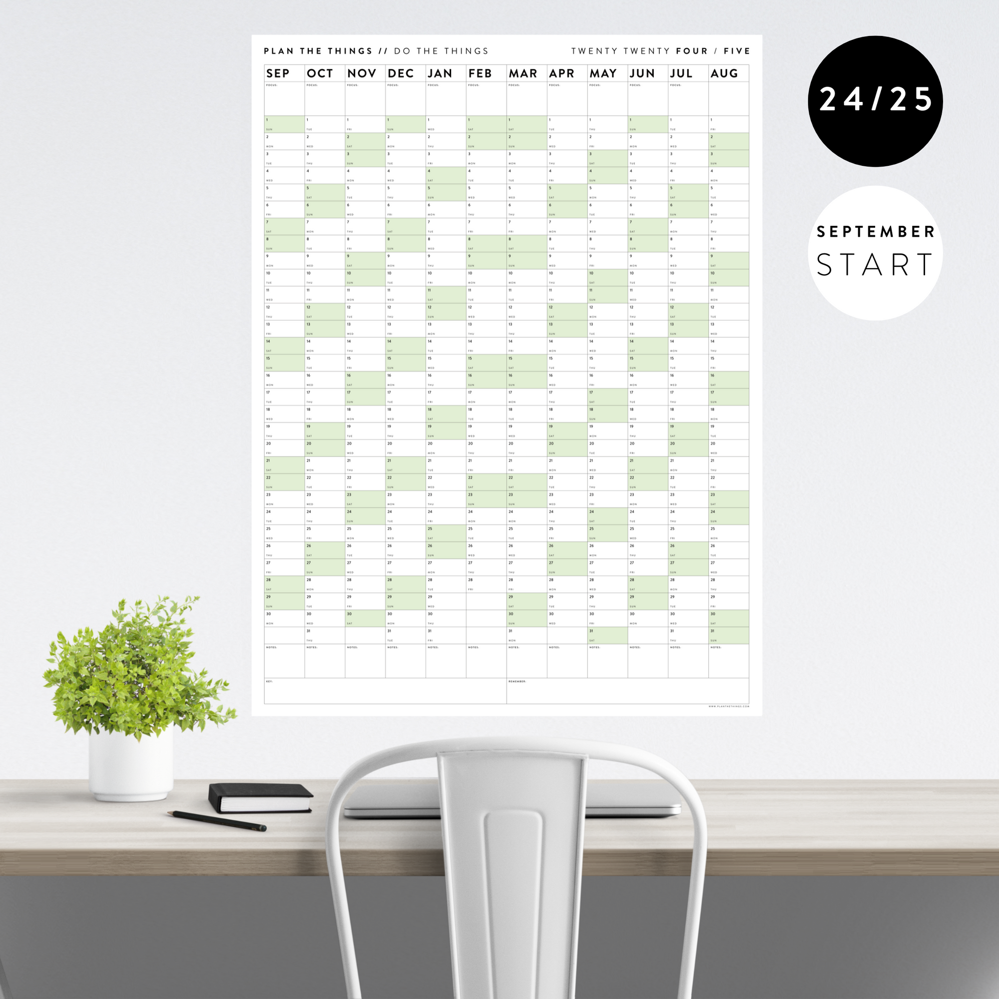 2024 - 2025 ACADEMIC WALL CALENDAR (SEPTEMBER START) | VERTICAL WITH GREEN WEEKENDS