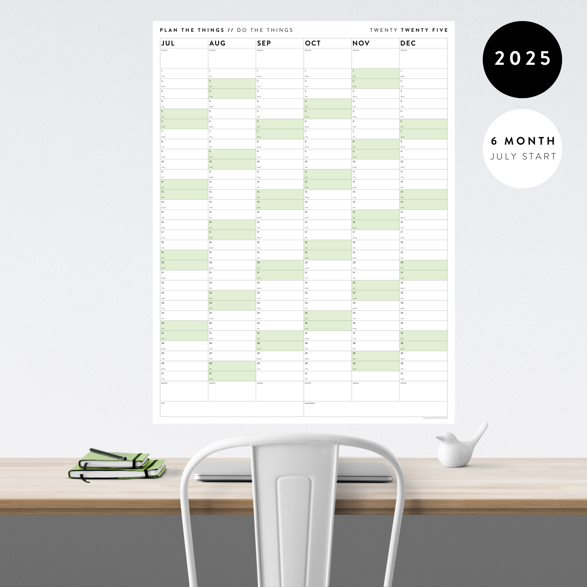 SIX MONTH 2025 GIANT WALL CALENDAR (JULY TO DECEMBER) WITH GREEN WEEKENDS