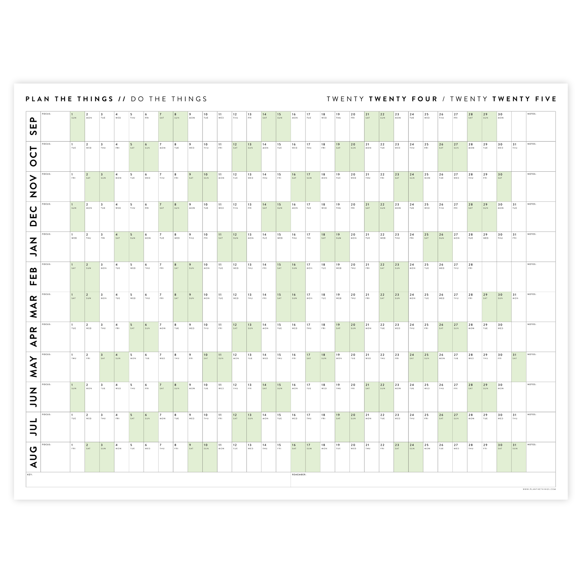 2024 - 2025 ACADEMIC WALL CALENDAR (SEPTEMBER START) | HORIZONTAL WITH GREEN WEEKENDS