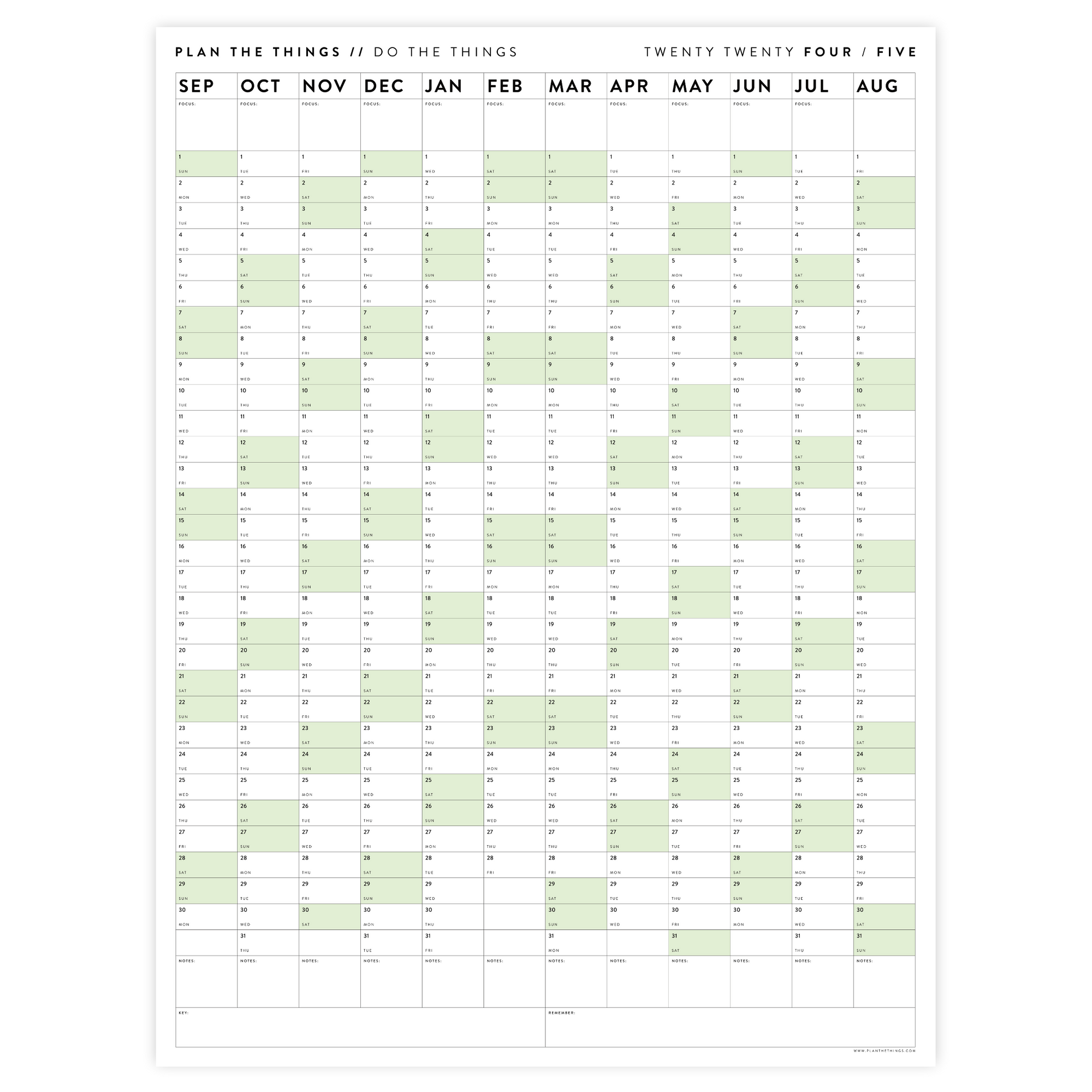 2024 - 2025 ACADEMIC WALL CALENDAR (SEPTEMBER START) | VERTICAL WITH GREEN WEEKENDS