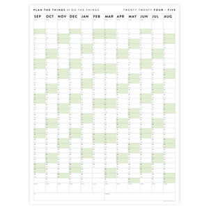 2024 - 2025 ACADEMIC WALL CALENDAR (SEPTEMBER START) | VERTICAL WITH GREEN WEEKENDS