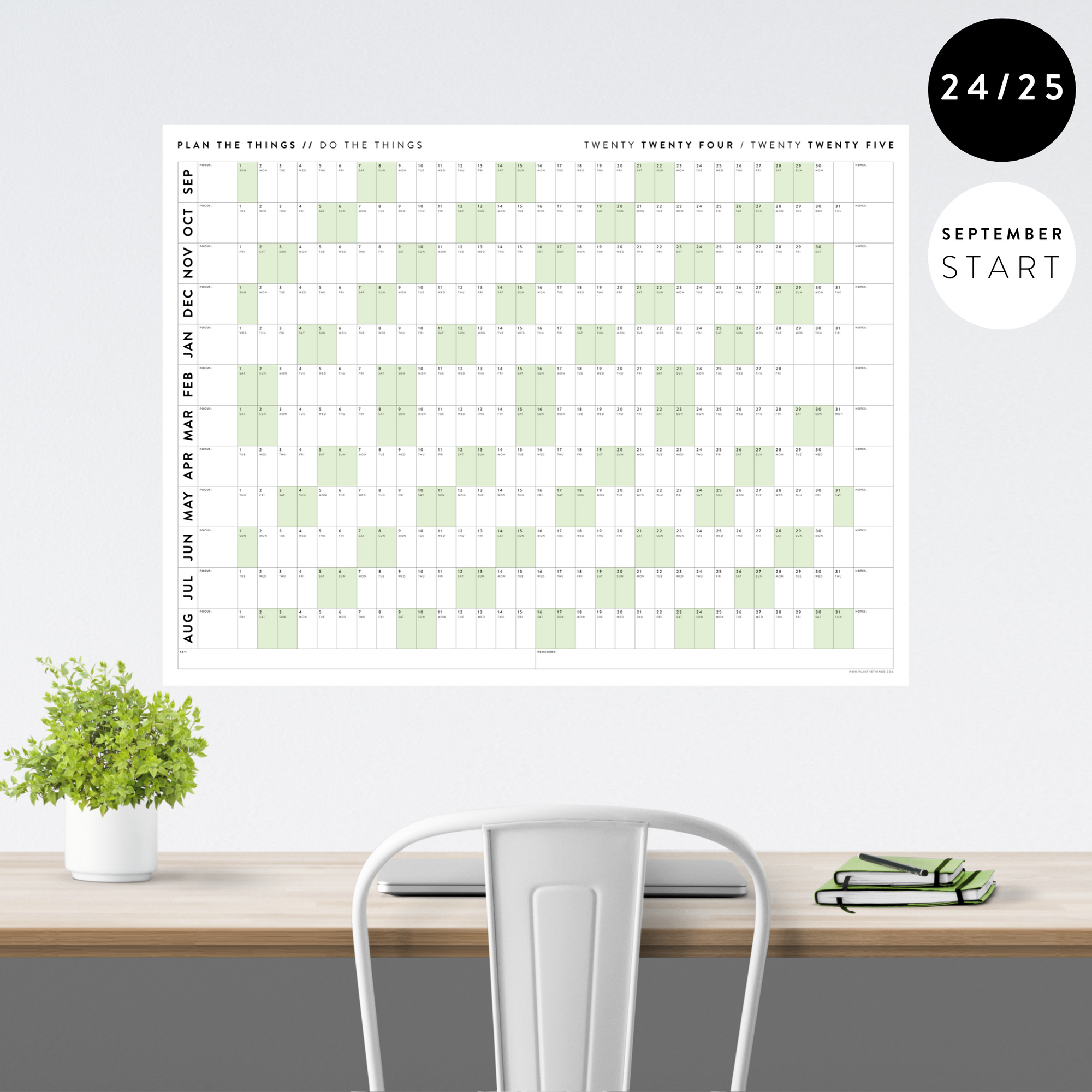 2024 - 2025 ACADEMIC WALL CALENDAR (SEPTEMBER START) | HORIZONTAL WITH GREEN WEEKENDS