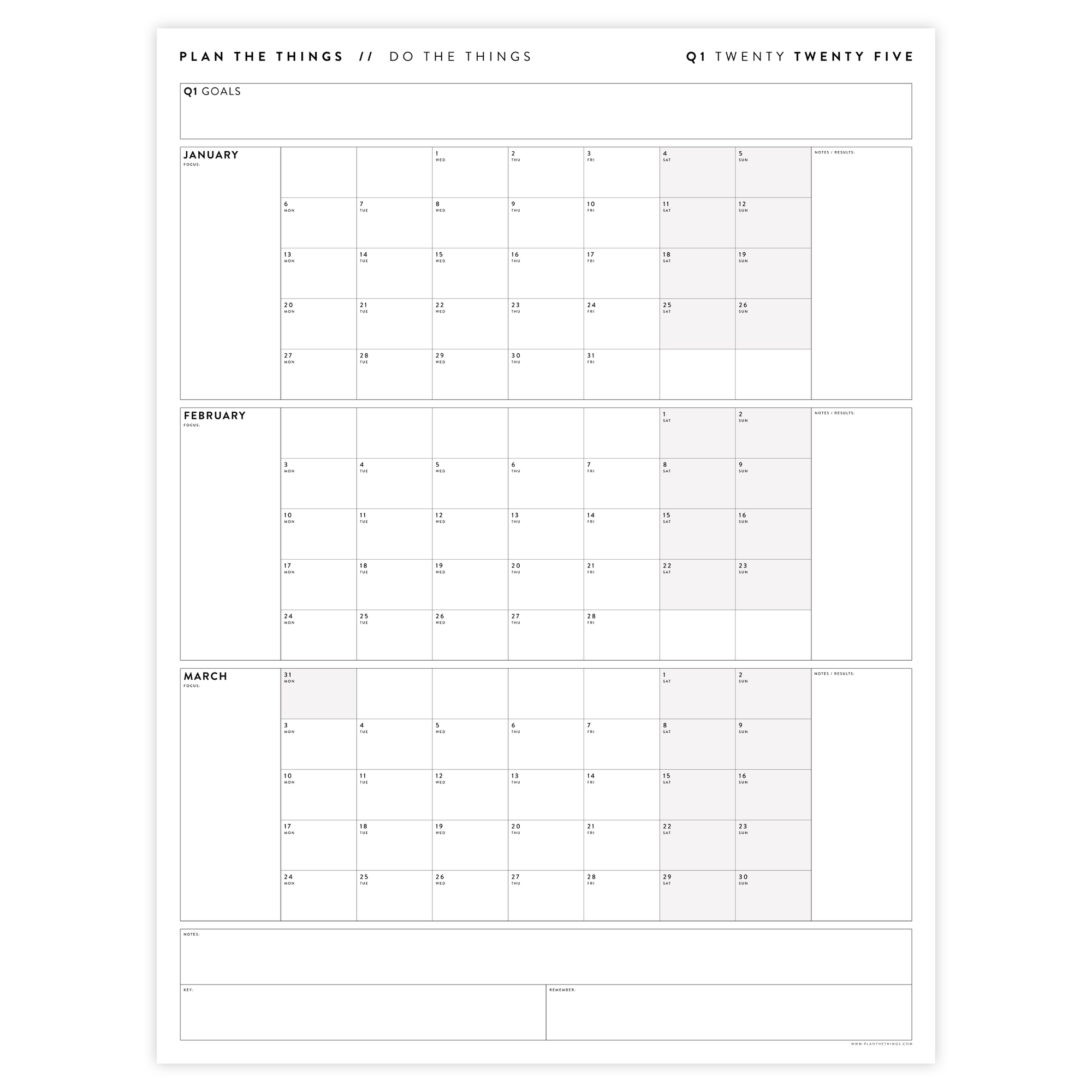 Q1 2025 QUARTERLY GIANT WALL CALENDAR (JANUARY - MARCH 2025) - GRAY WEEKENDS