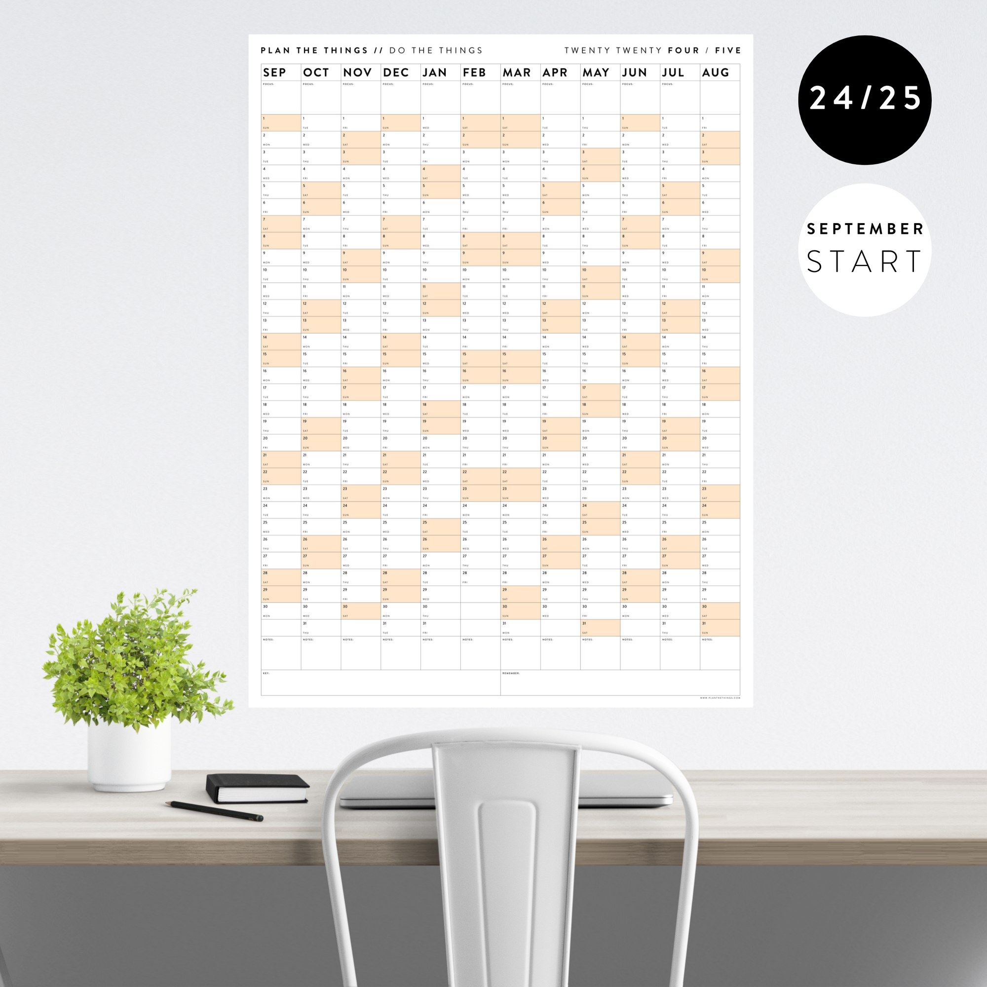 2024 - 2025 ACADEMIC WALL CALENDAR (SEPTEMBER START) | VERTICAL WITH ORANGE WEEKENDS