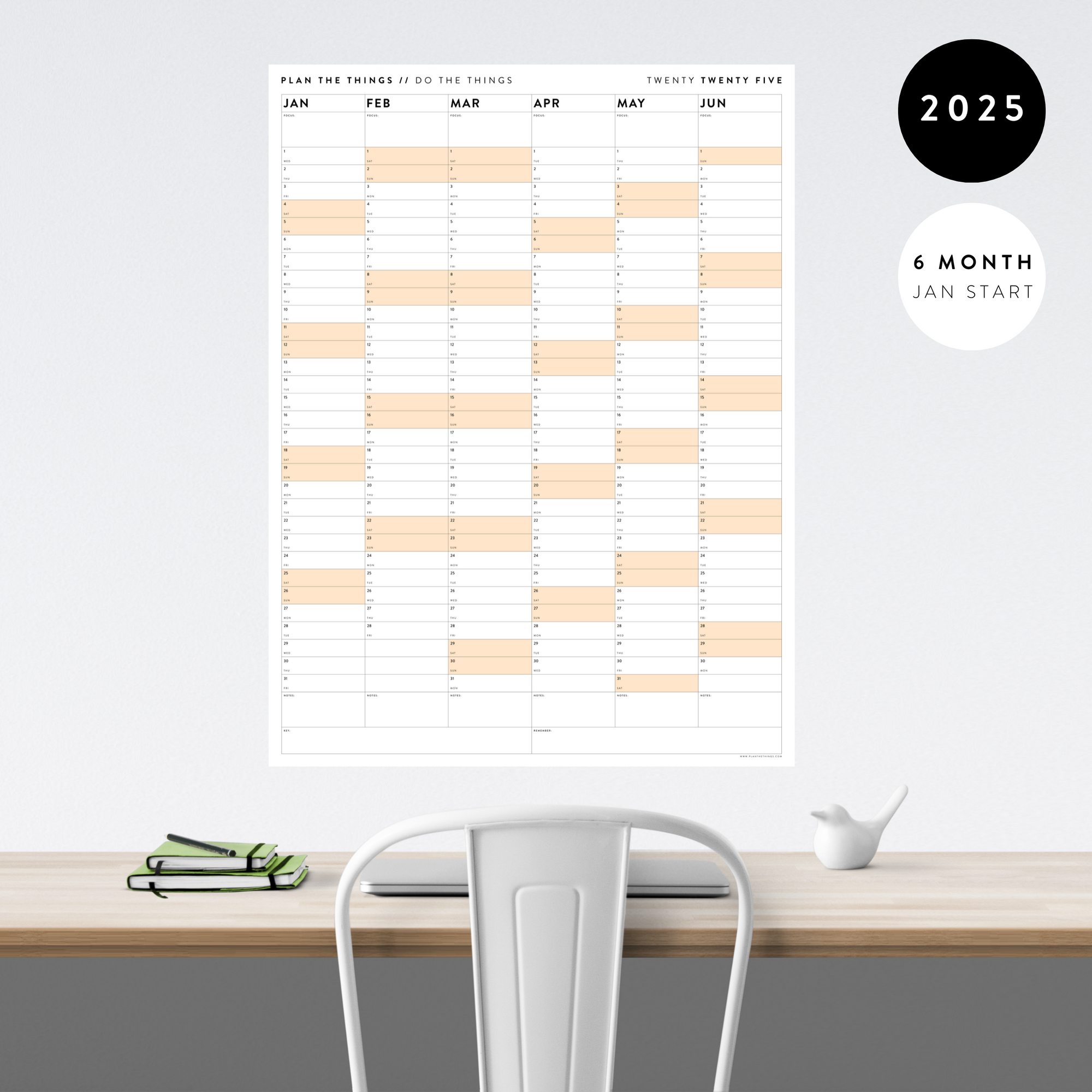 SIX MONTH 2025 GIANT WALL CALENDAR (JANUARY TO JUNE)  WITH ORANGE WEEKENDS