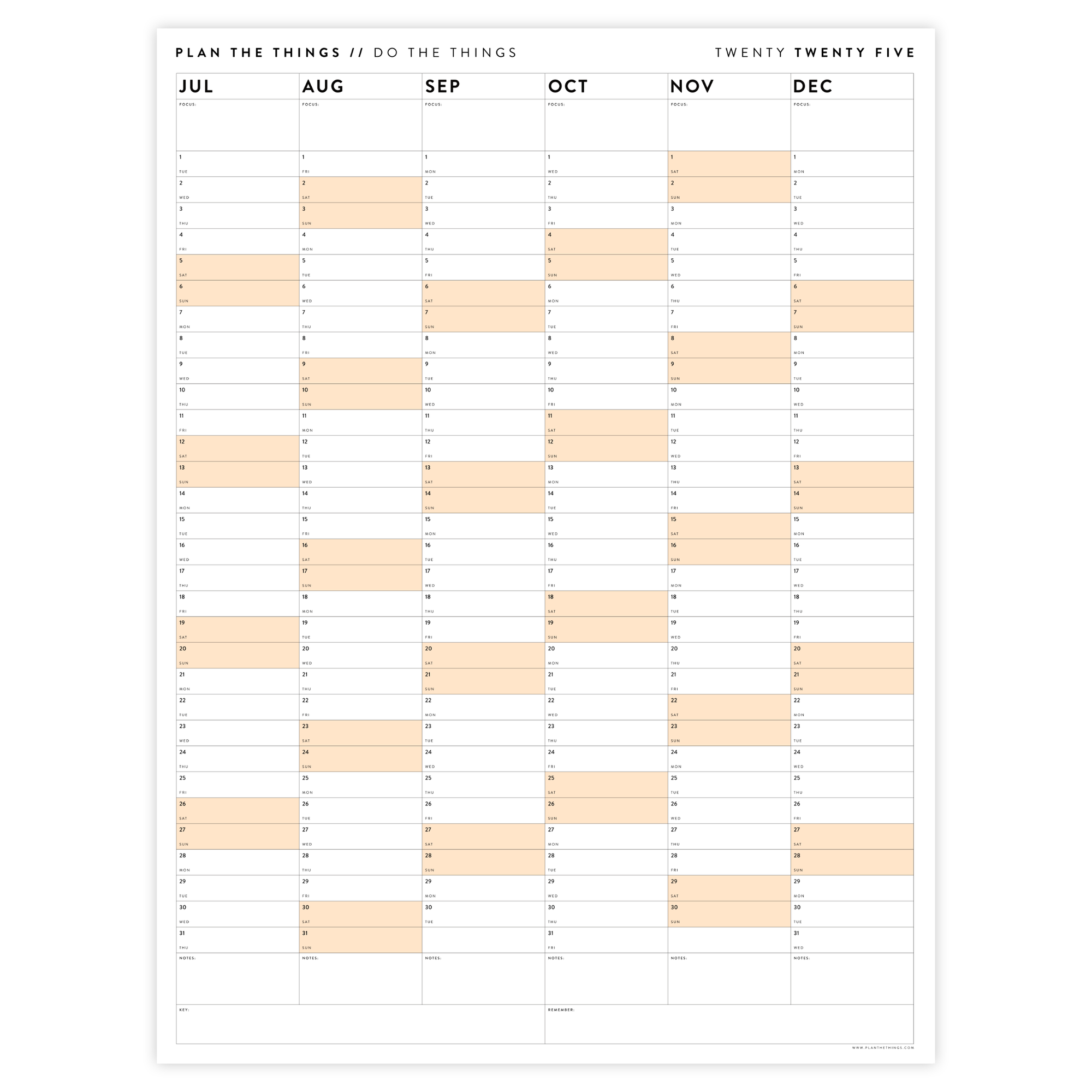 SIX MONTH 2025 GIANT WALL CALENDAR (JULY TO DECEMBER) WITH ORANGE WEEKENDS
