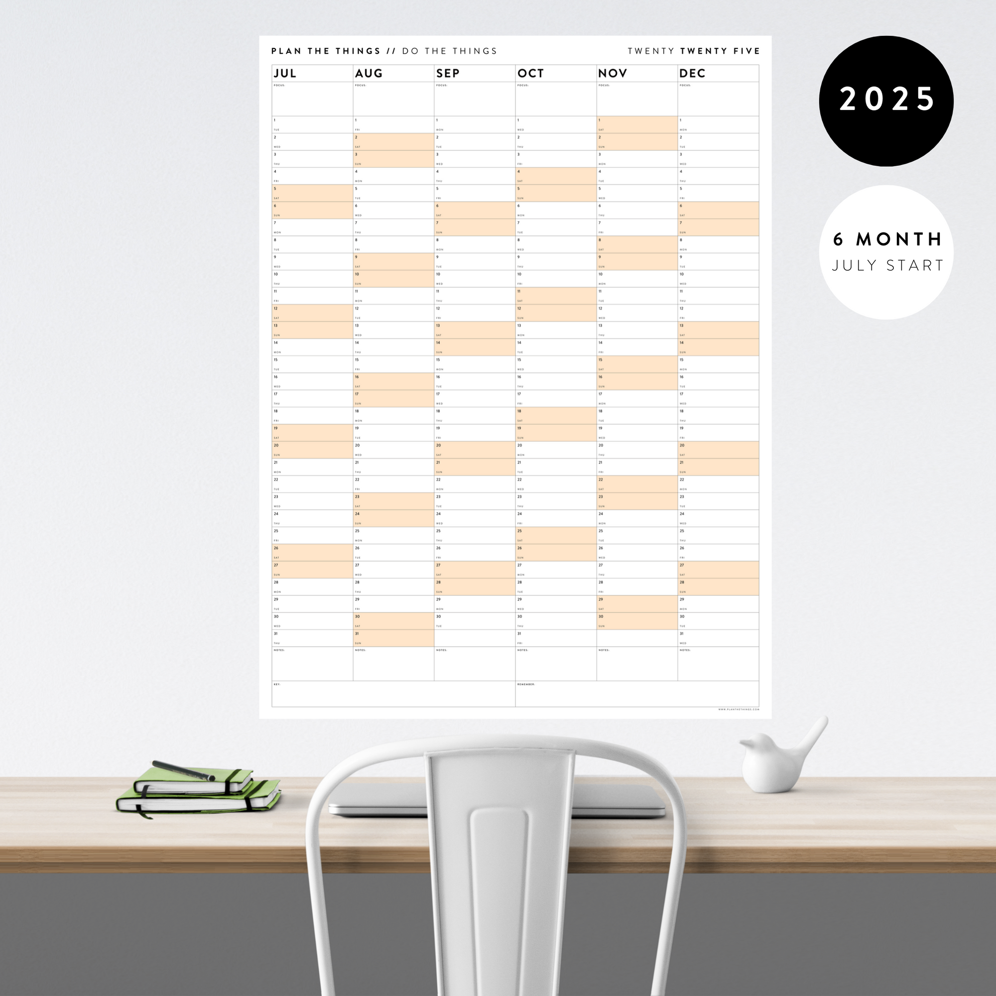 SIX MONTH 2025 GIANT WALL CALENDAR (JULY TO DECEMBER) WITH ORANGE WEEKENDS