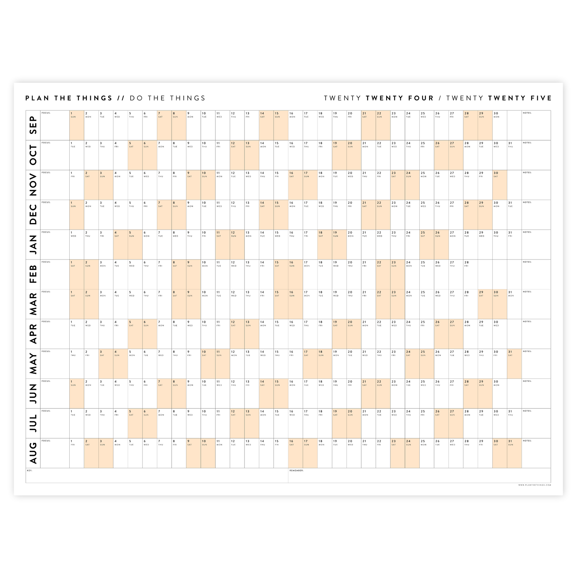 2024 - 2025 ACADEMIC WALL CALENDAR (SEPTEMBER START) | HORIZONTAL WITH ORANGE WEEKENDS