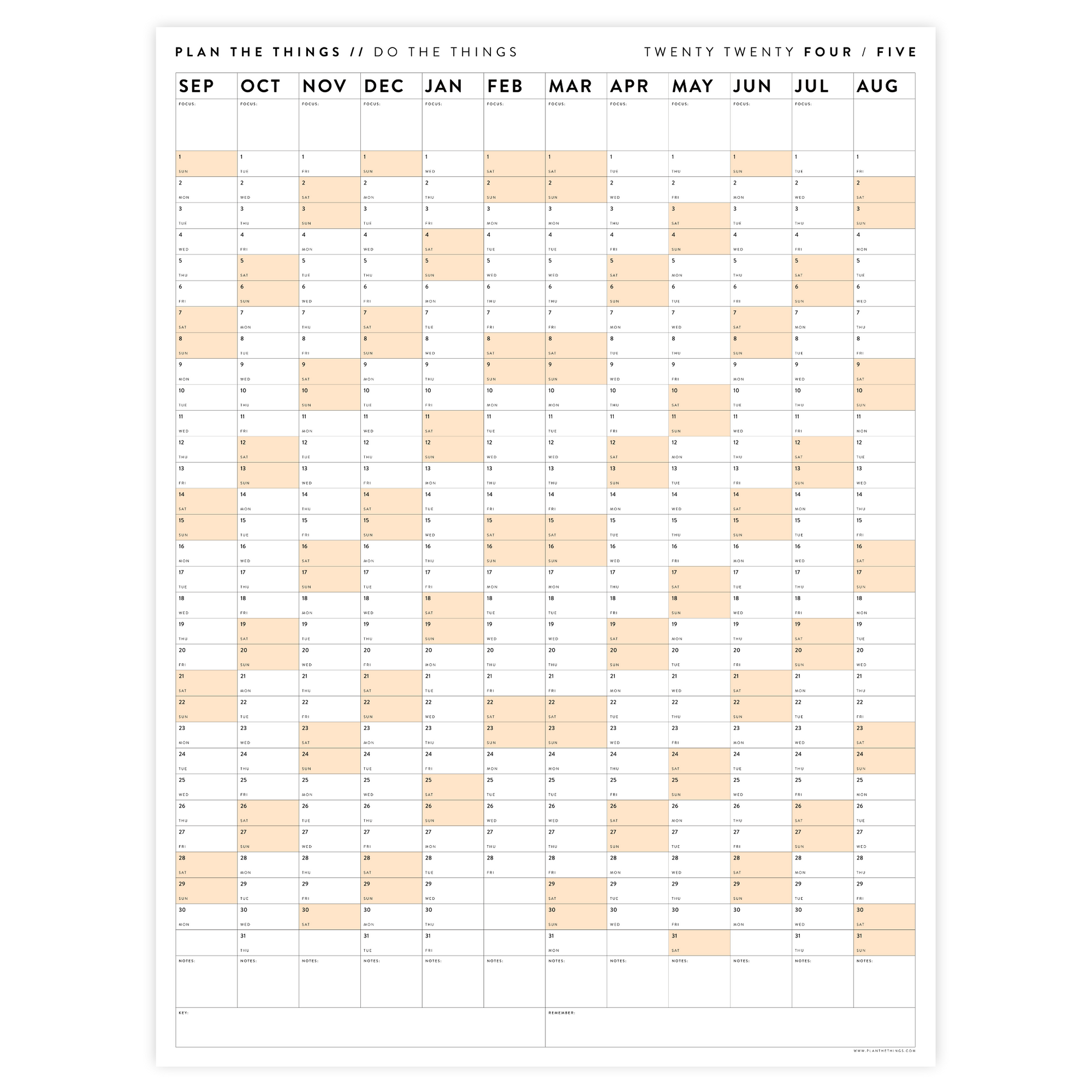 2024 - 2025 ACADEMIC WALL CALENDAR (SEPTEMBER START) | VERTICAL WITH ORANGE WEEKENDS