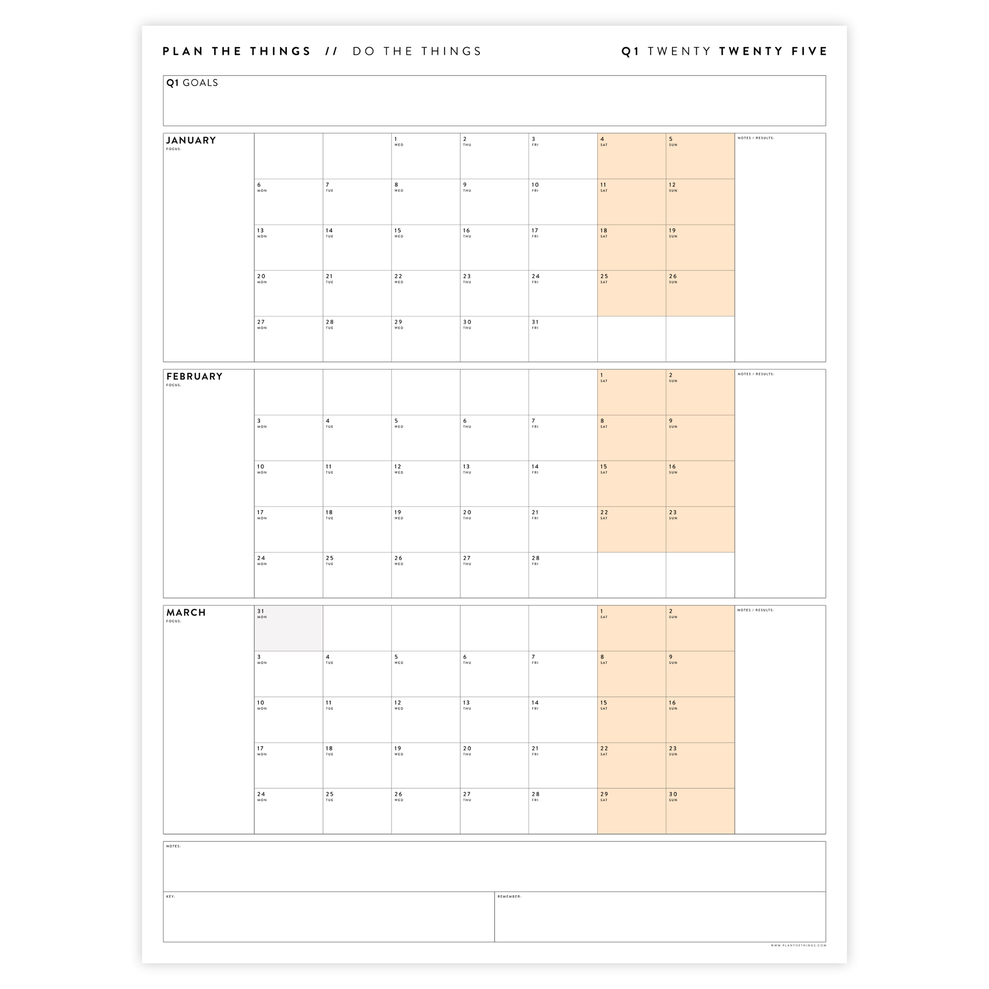 Q1 2025 QUARTERLY GIANT WALL CALENDAR (JANUARY - MARCH 2025) - ORANGE WEEKENDS