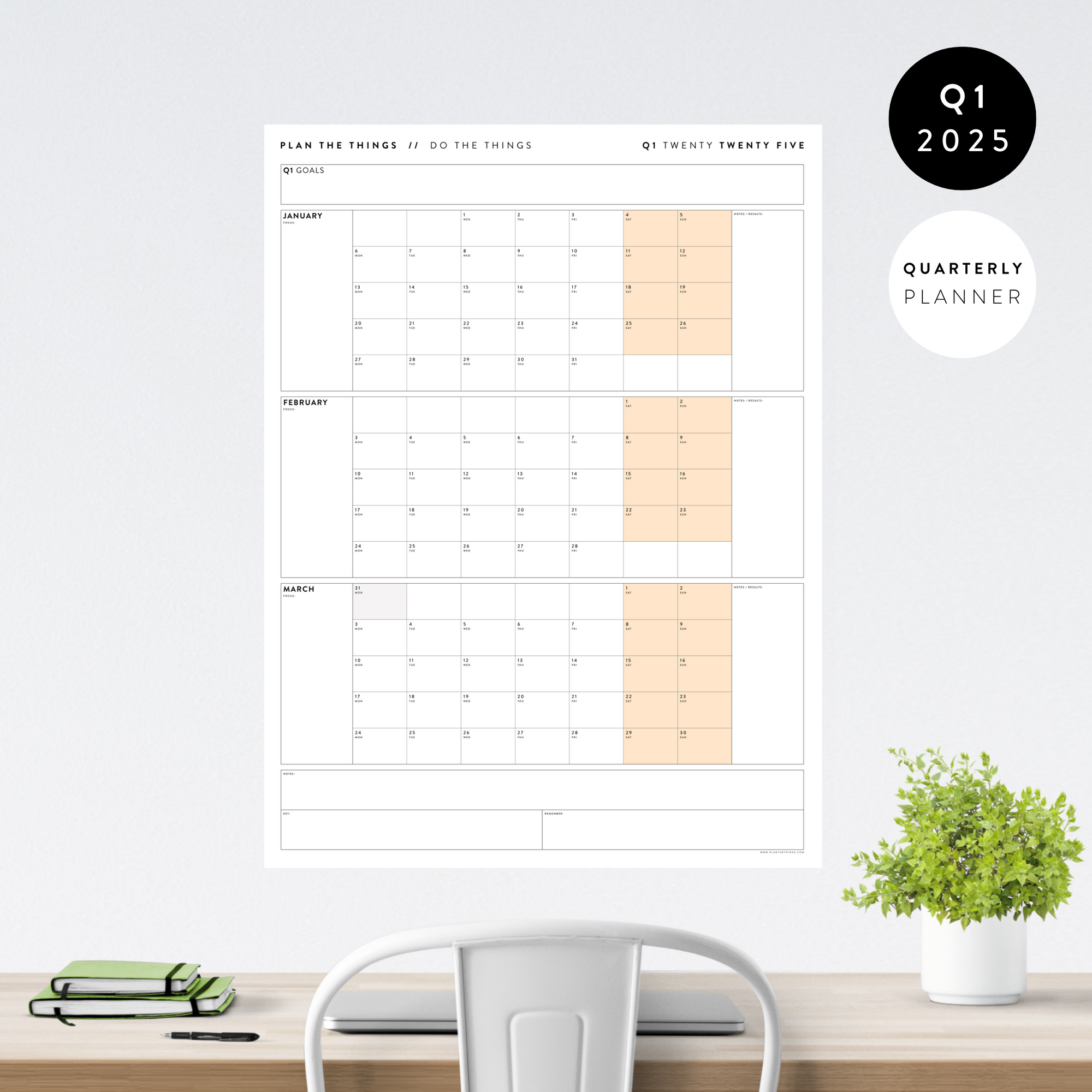 Q1 2025 QUARTERLY GIANT WALL CALENDAR (JANUARY - MARCH 2025) - ORANGE WEEKENDS