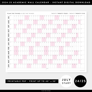 PRINTABLE 2024 - 2025 ACADEMIC WALL CALENDAR (JULY START) | HORIZONTAL WITH PINK WEEKENDS - INSTANT DOWNLOAD