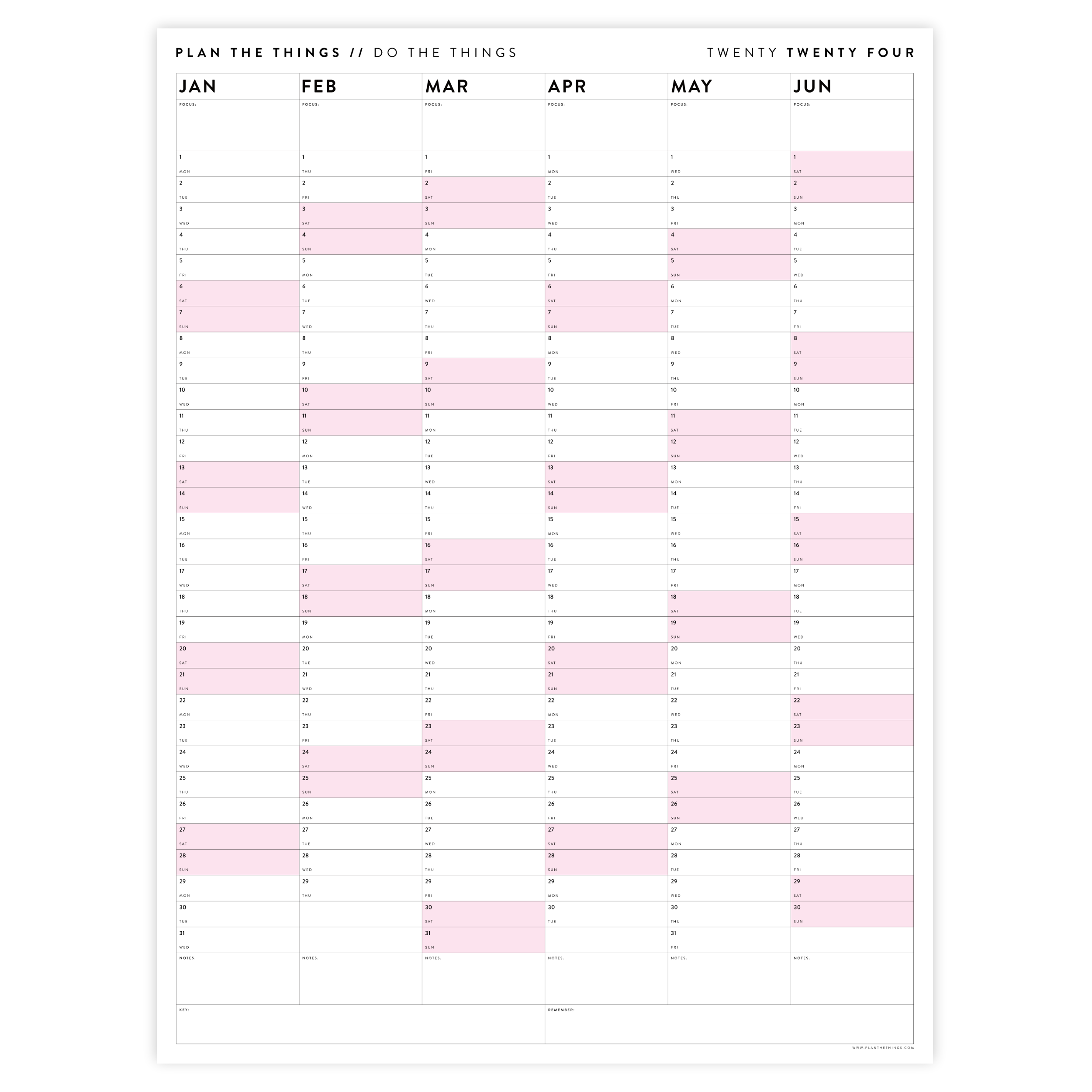 PRINTABLE SIX MONTH 2024 WALL CALENDAR (JANUARY TO JUNE) WITH PINK WEE ...