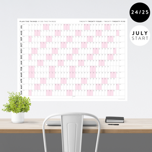 PRINTABLE 2024 - 2025 ACADEMIC WALL CALENDAR (JULY START) | HORIZONTAL WITH PINK WEEKENDS - INSTANT DOWNLOAD