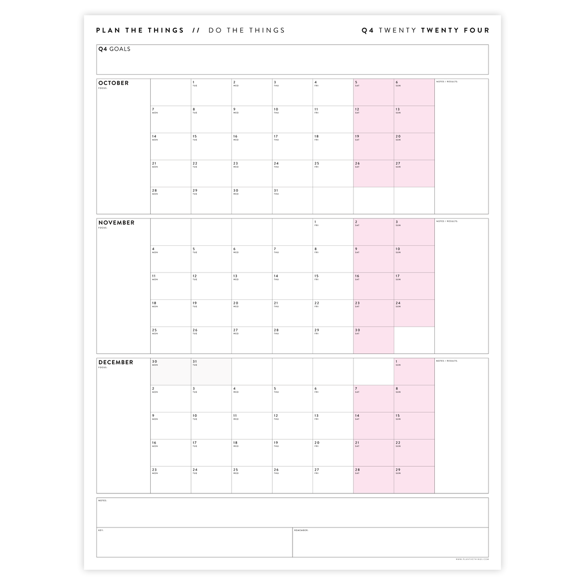 PRINTABLE Q4 (OCTOBER - DECEMBER) 2024 QUARTERLY WALL CALENDAR (PINK ...