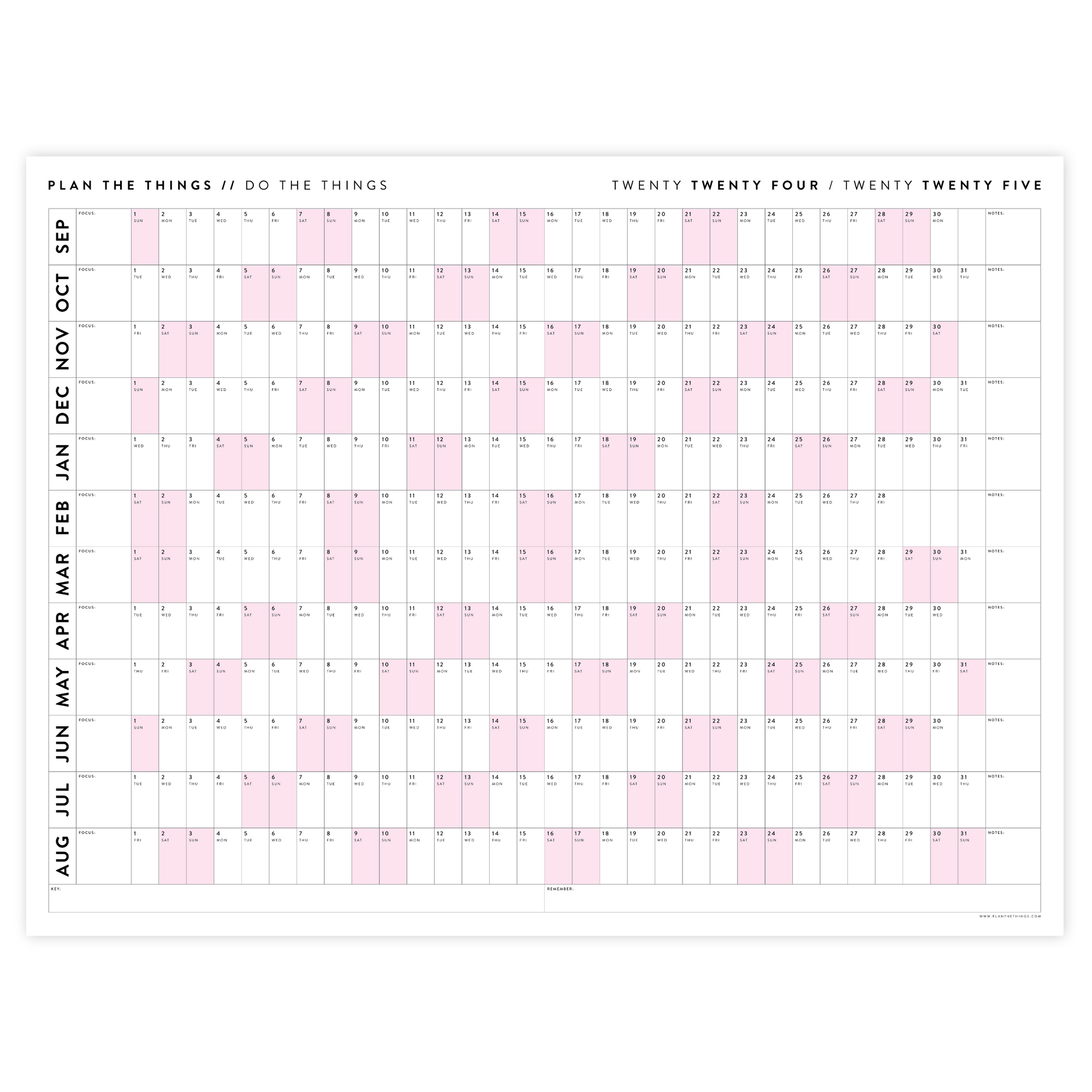 2024 - 2025 ACADEMIC WALL CALENDAR (SEPTEMBER START) | HORIZONTAL WITH PINK WEEKENDS