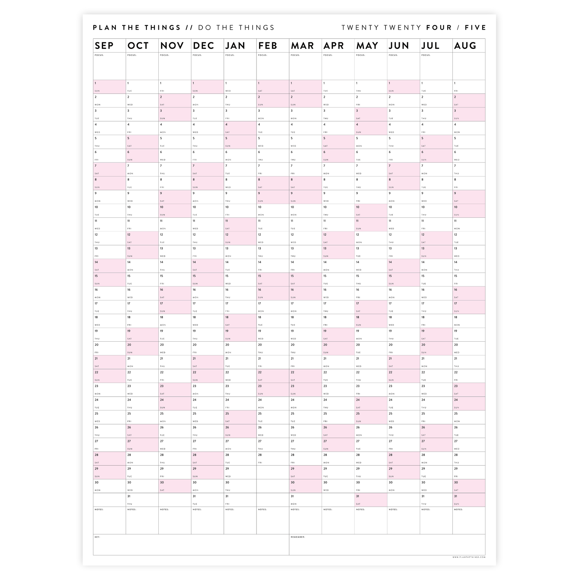 2024 - 2025 ACADEMIC WALL CALENDAR (SEPTEMBER START) | VERTICAL WITH PINK WEEKENDS