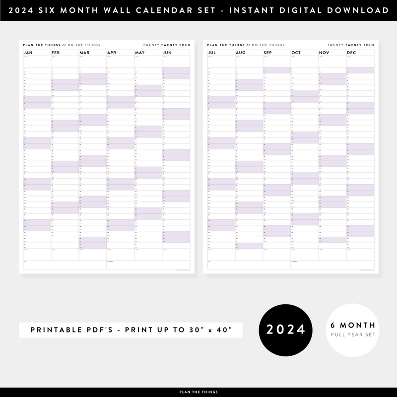 PRINTABLE 2024 SIX MONTH CALENDAR SETS FULL YEAR // INSTANT DOWNLOAD Plan The Things
