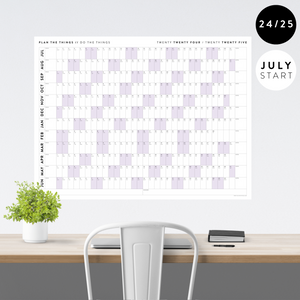 PRINTABLE 2024 - 2025 ACADEMIC WALL CALENDAR (JULY START) | HORIZONTAL WITH PURPLE WEEKENDS - INSTANT DOWNLOAD